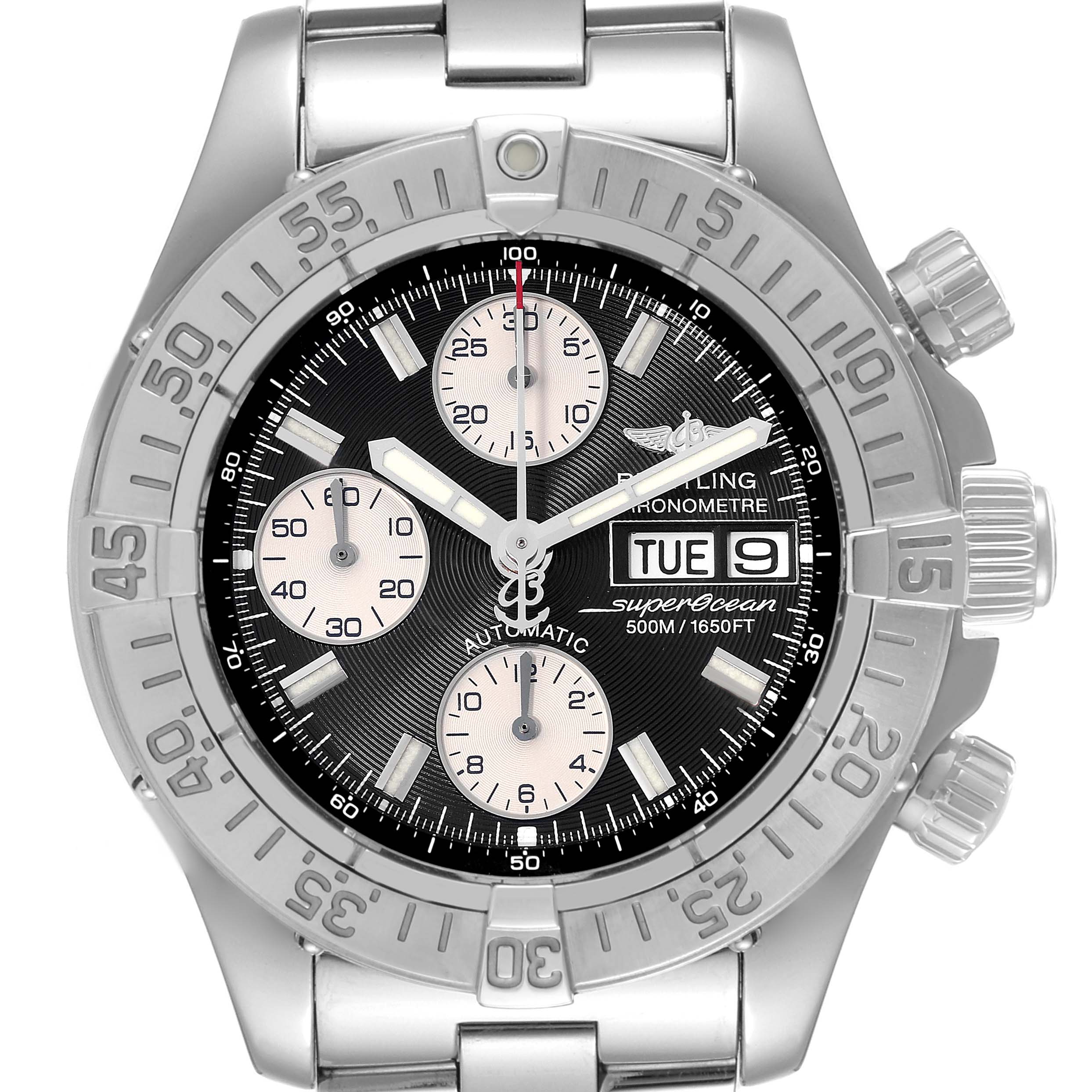 This image shows a Breitling Superocean A13340 Men's Stainless Steel Black Dial A13340 Men's Stainless Steel Black Dial watch from a frontal angle, highlighting the dial, bezel, and part of the bracelet.