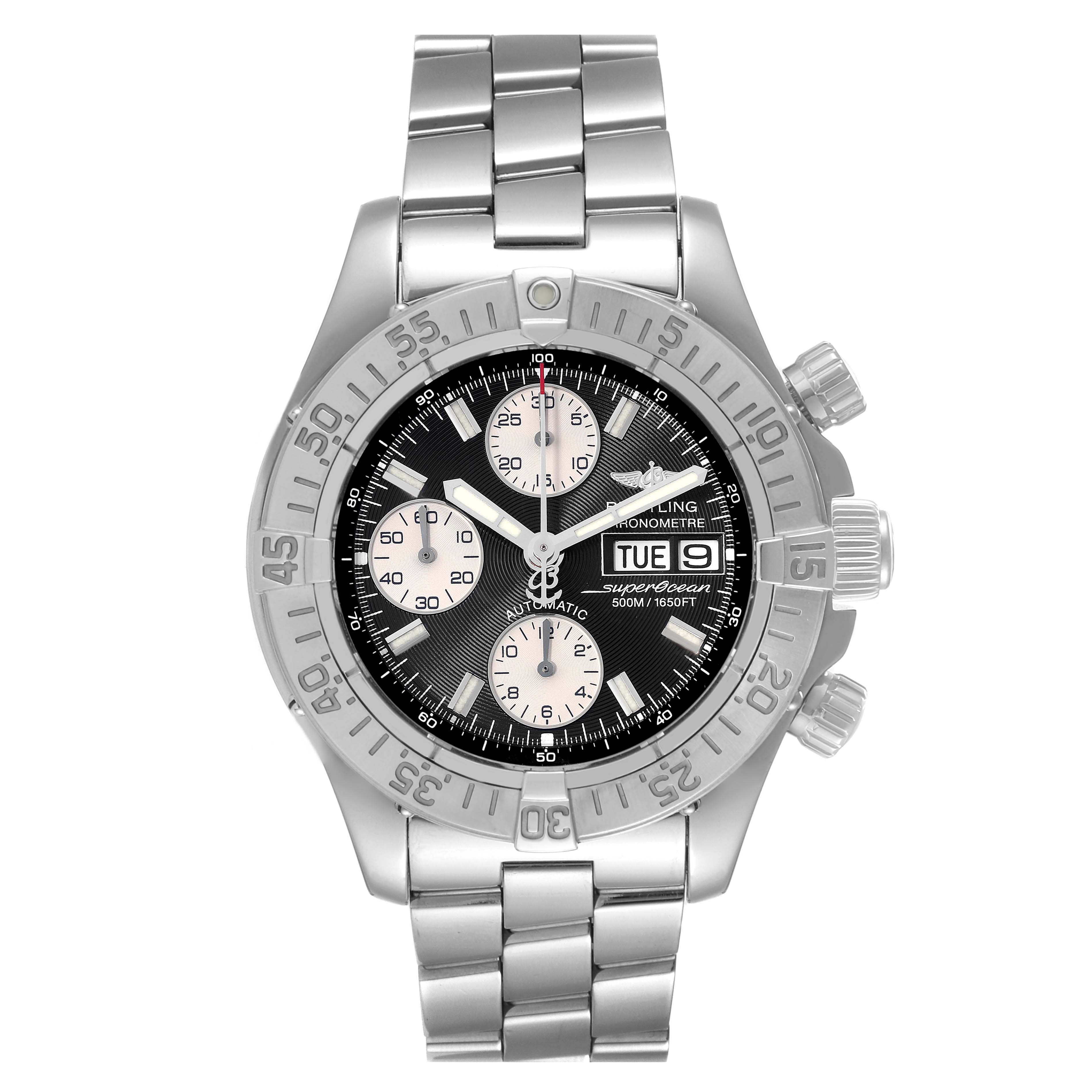 This image shows a front view of the Breitling Superocean A13340 Men's Stainless Steel Black Dial A13340 Men's Stainless Steel Black Dial watch, highlighting its dial, bezel, pushers, and bracelet.