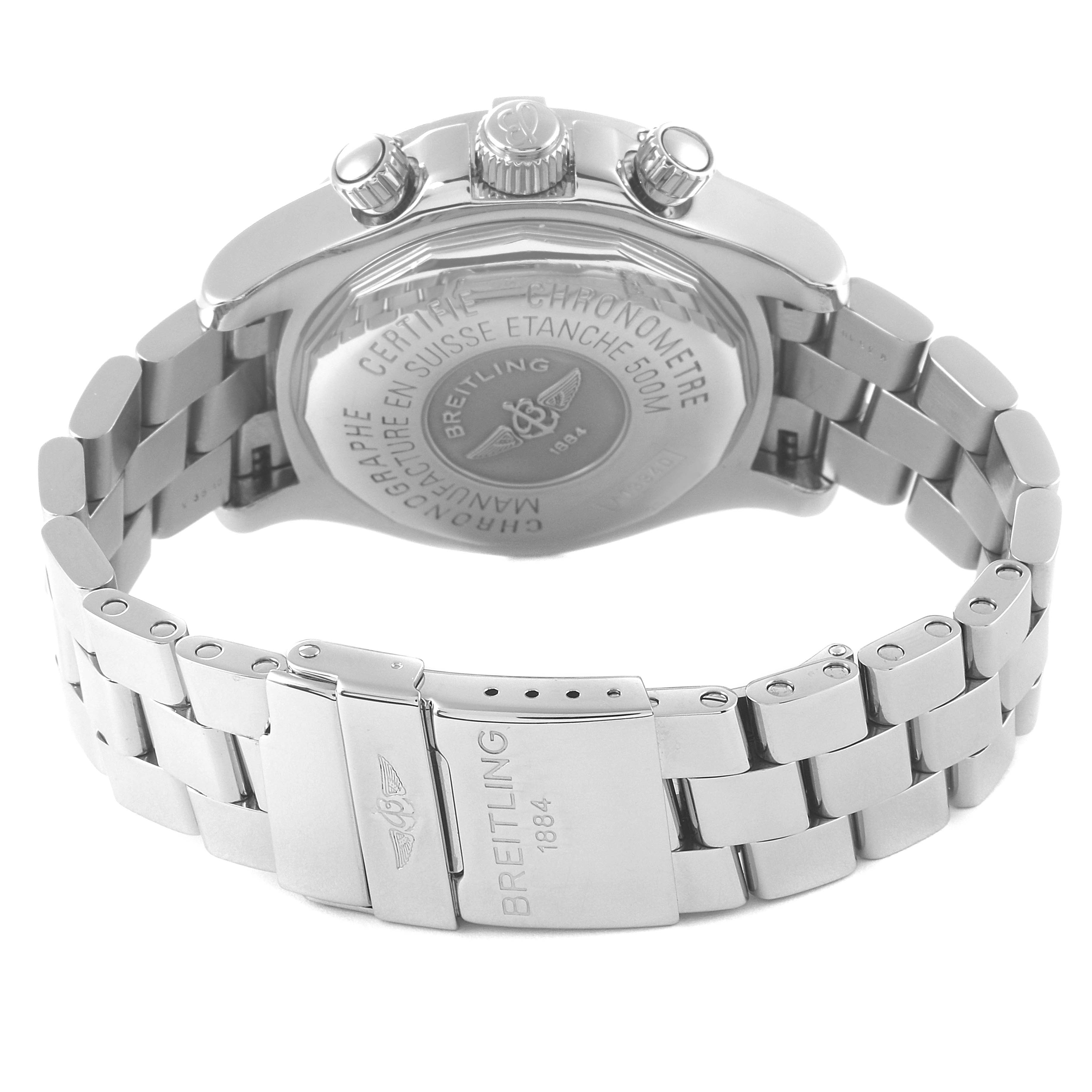 The image shows the back case and bracelet clasp of a Breitling Superocean A13340 Men's Stainless Steel Black Dial A13340 Men's Stainless Steel Black Dial watch at an angle highlighting the caseback details and buttons.