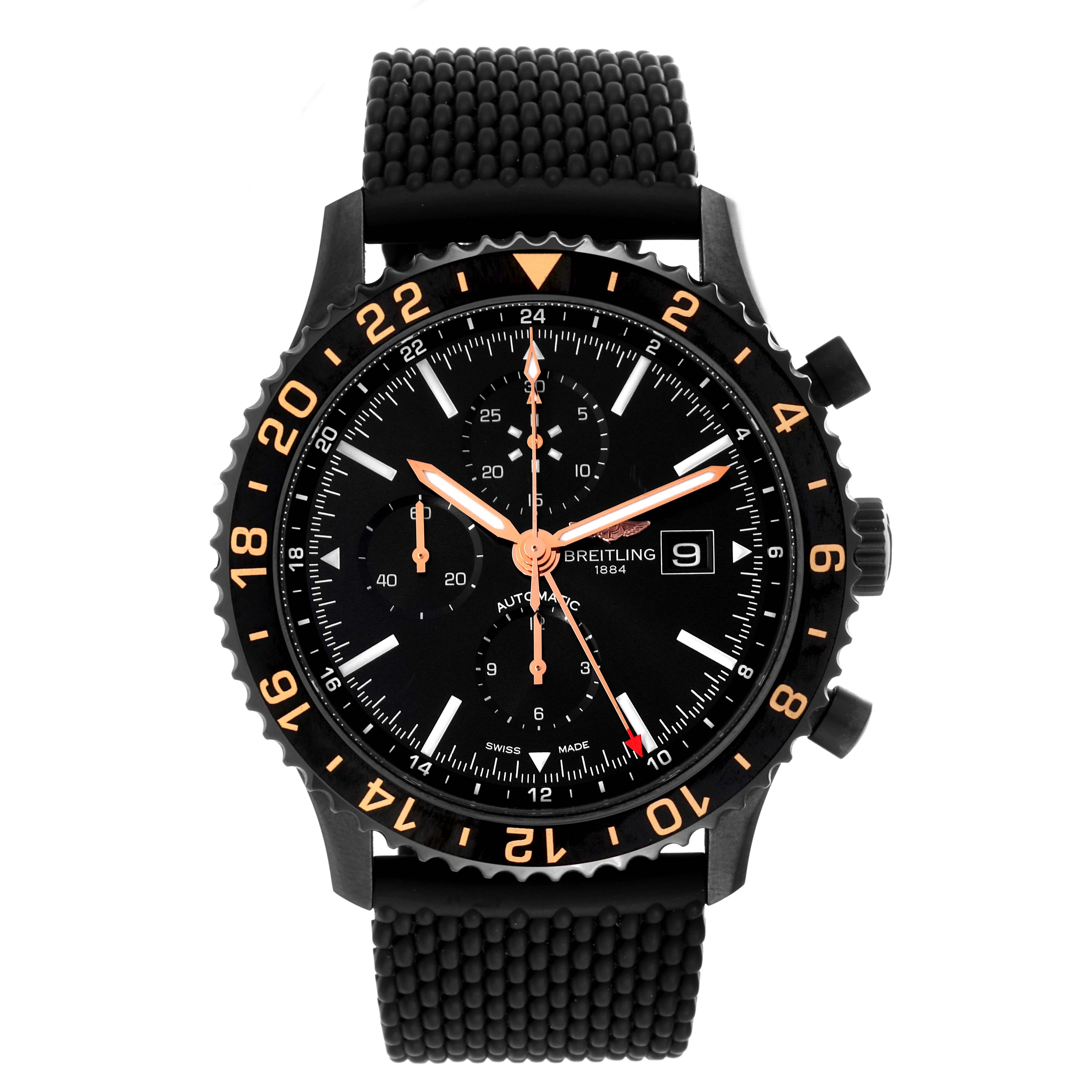 The image shows a front view of the Breitling Chronoliner M24310 Men's Stainless Steel Black Dial M24310 Men's Stainless Steel Black Dial watch, including its face, bezel, and strap.