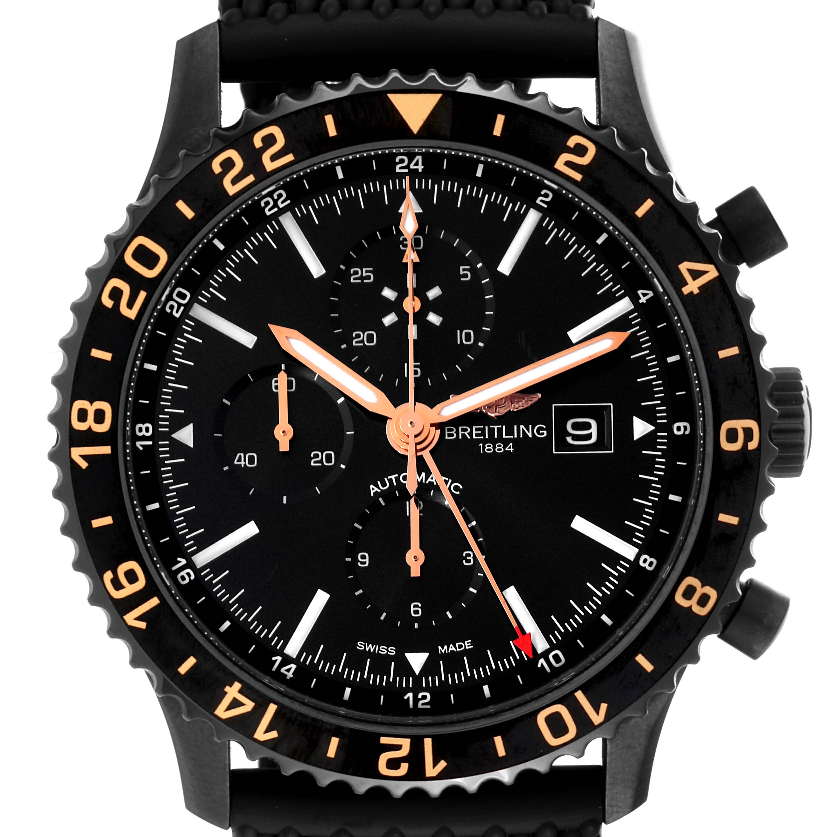 The image shows a front view of the Breitling Chronoliner M24310 Men's Stainless Steel Black Dial M24310 Men's Stainless Steel Black Dial watch, highlighting its dial, bezel, hands, and date window.