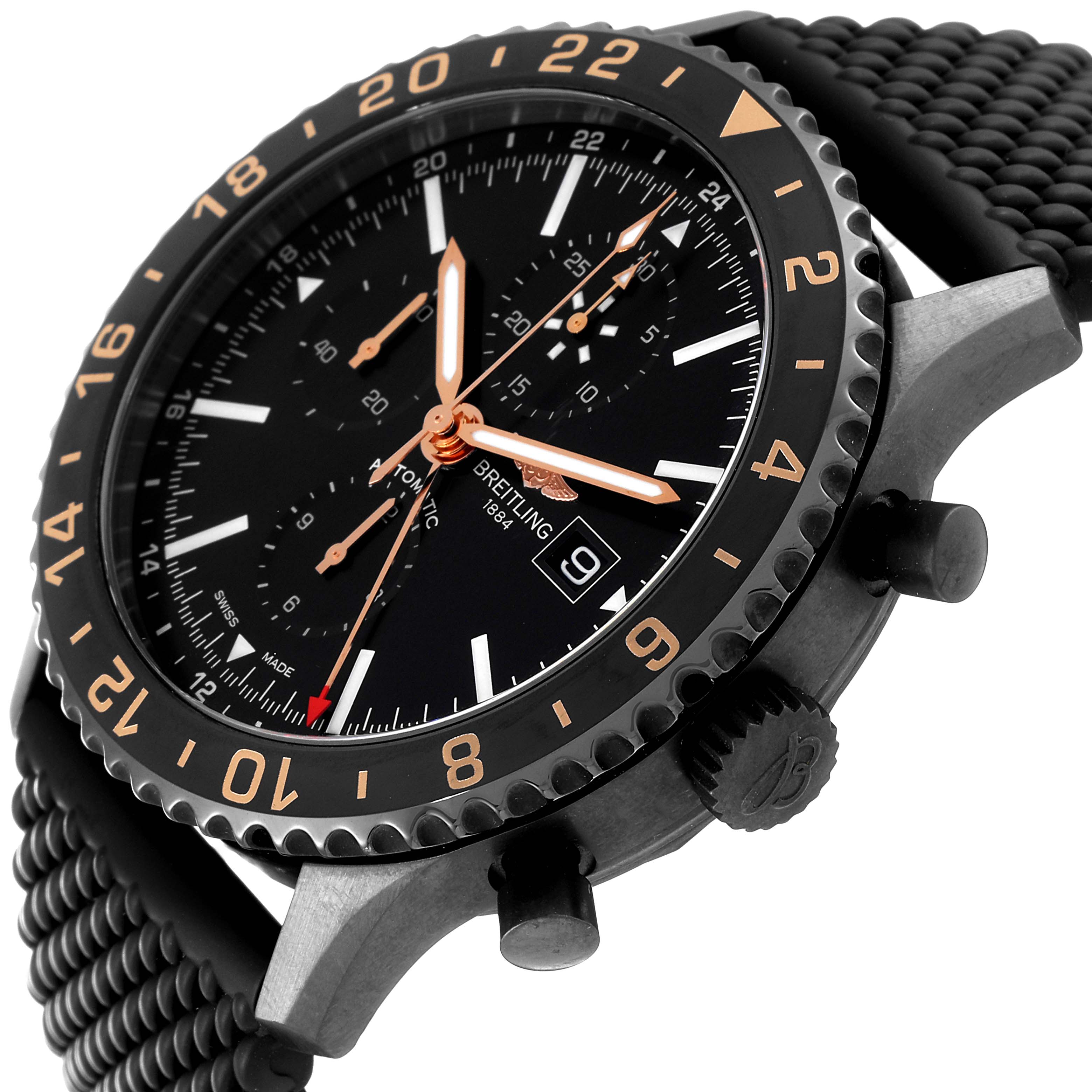 The Breitling Chronoliner M24310 Men's Stainless Steel Black Dial M24310 Men's Stainless Steel Black Dial watch is shown at an angle emphasizing the face, bezel, and pushers on the side.