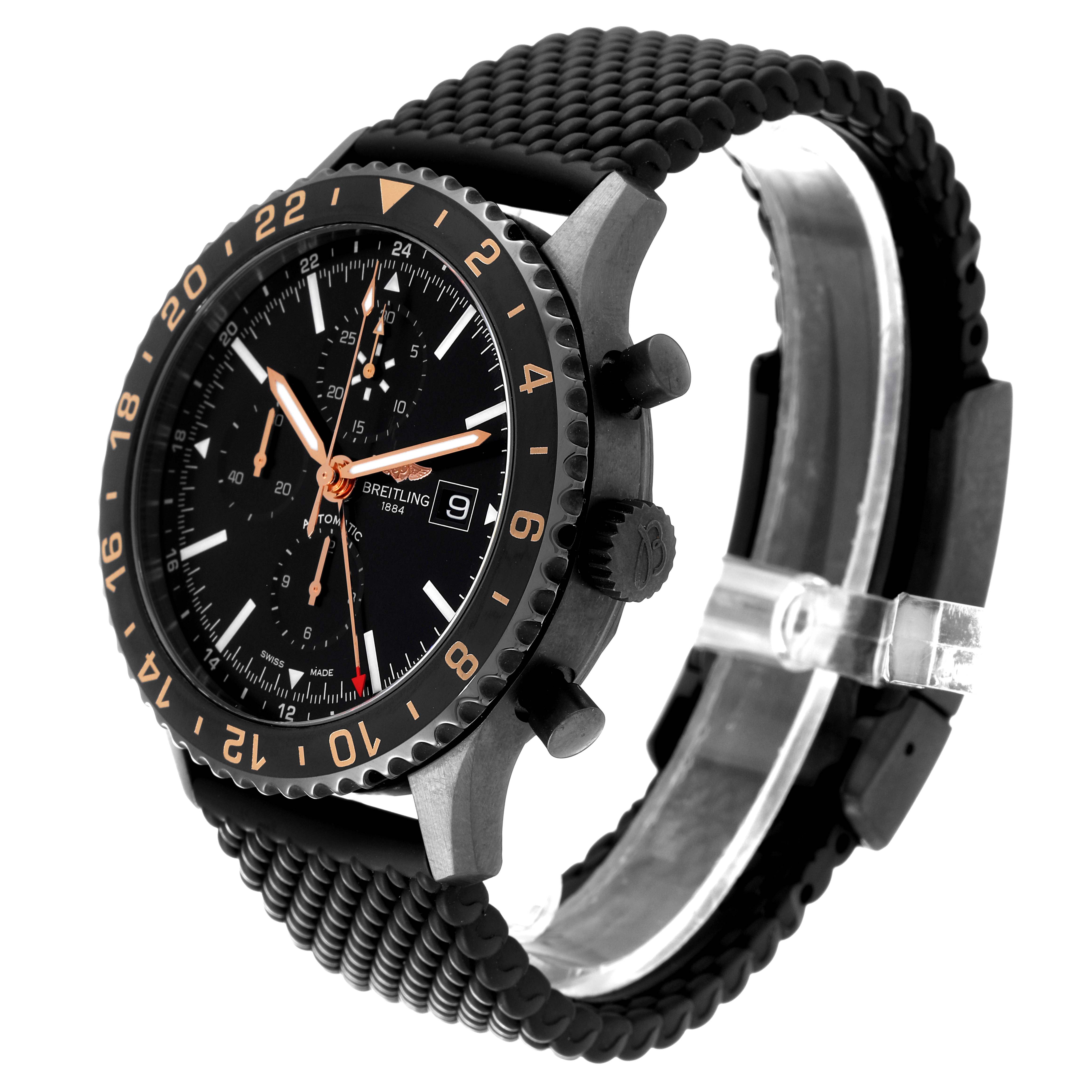 The Breitling Chronoliner M24310 Men's Stainless Steel Black Dial M24310 Men's Stainless Steel Black Dial watch is shown at a three-quarter angle, displaying the face, bezel, crown, and woven strap.