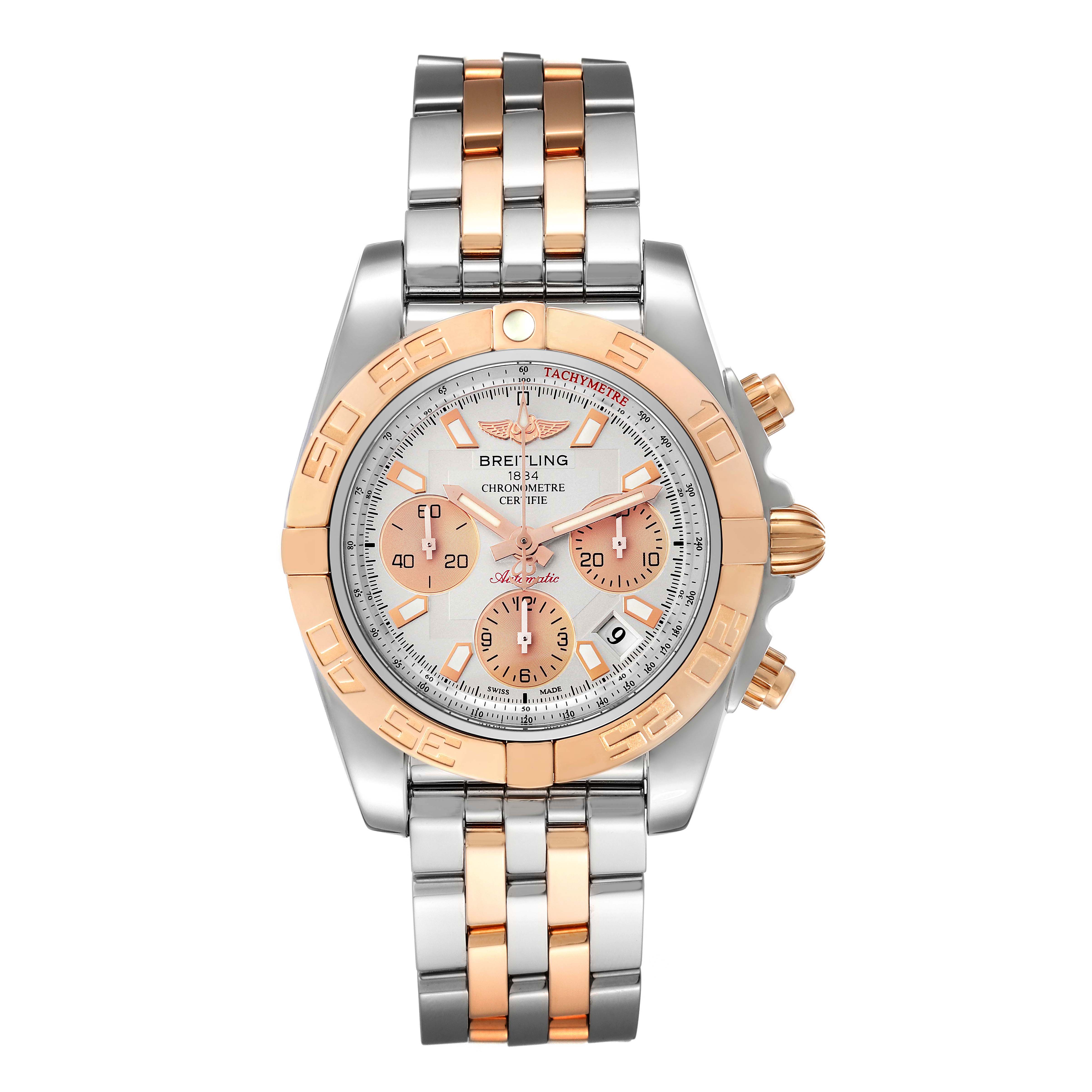 This image shows the Breitling Chronomat CB014012/G713 Men's Steel and Gold (two tone) Silver Dial CB014012/G713 Men's Steel and Gold (two tone) Silver Dial model watch from a frontal angle, showcasing its two-tone band and detailed dial.