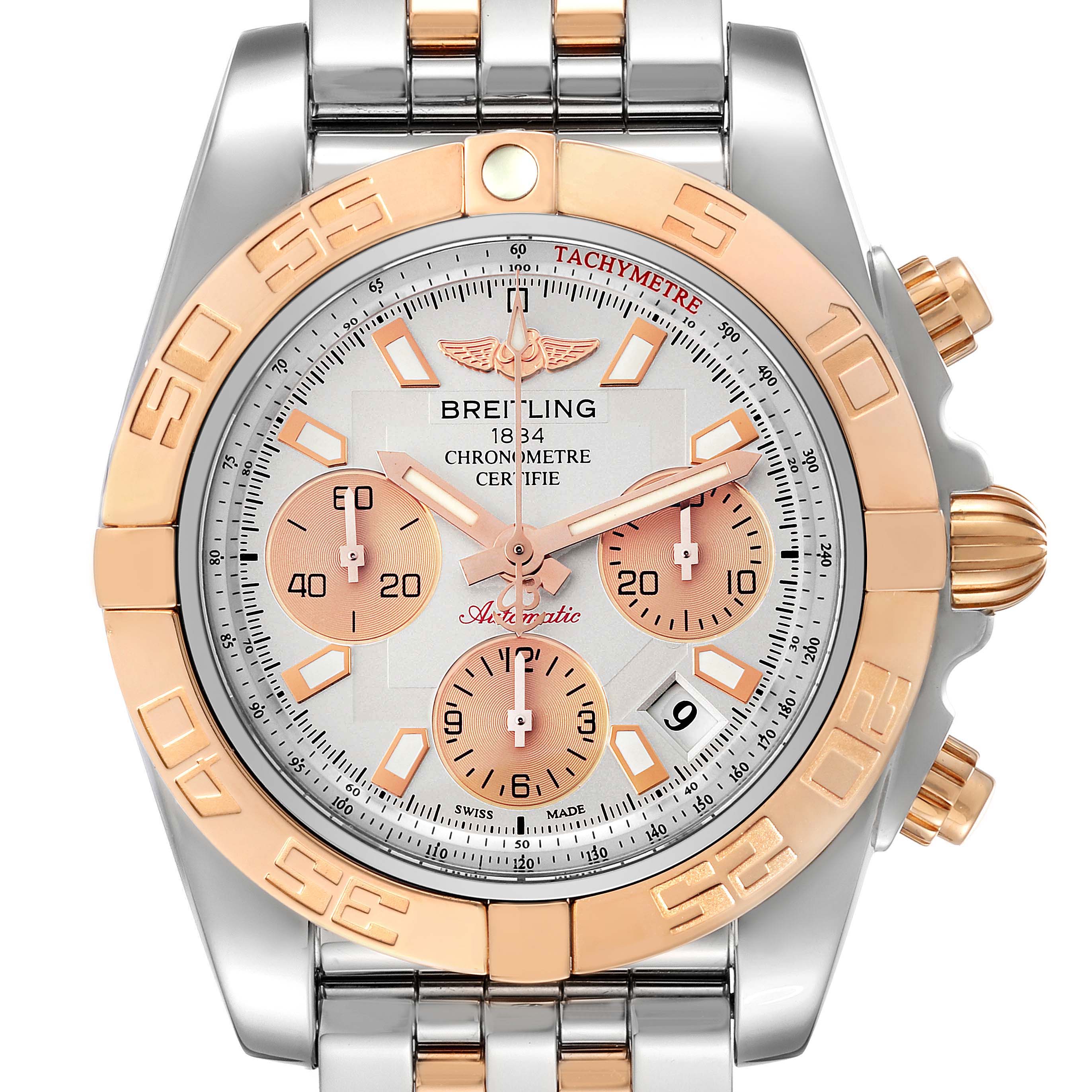 The image shows a front view of a Breitling Chronomat CB014012/G713 Men's Steel and Gold (two tone) Silver Dial CB014012/G713 Men's Steel and Gold (two tone) Silver Dial watch, highlighting its dial, bezel, sub-dials, and bracelet.