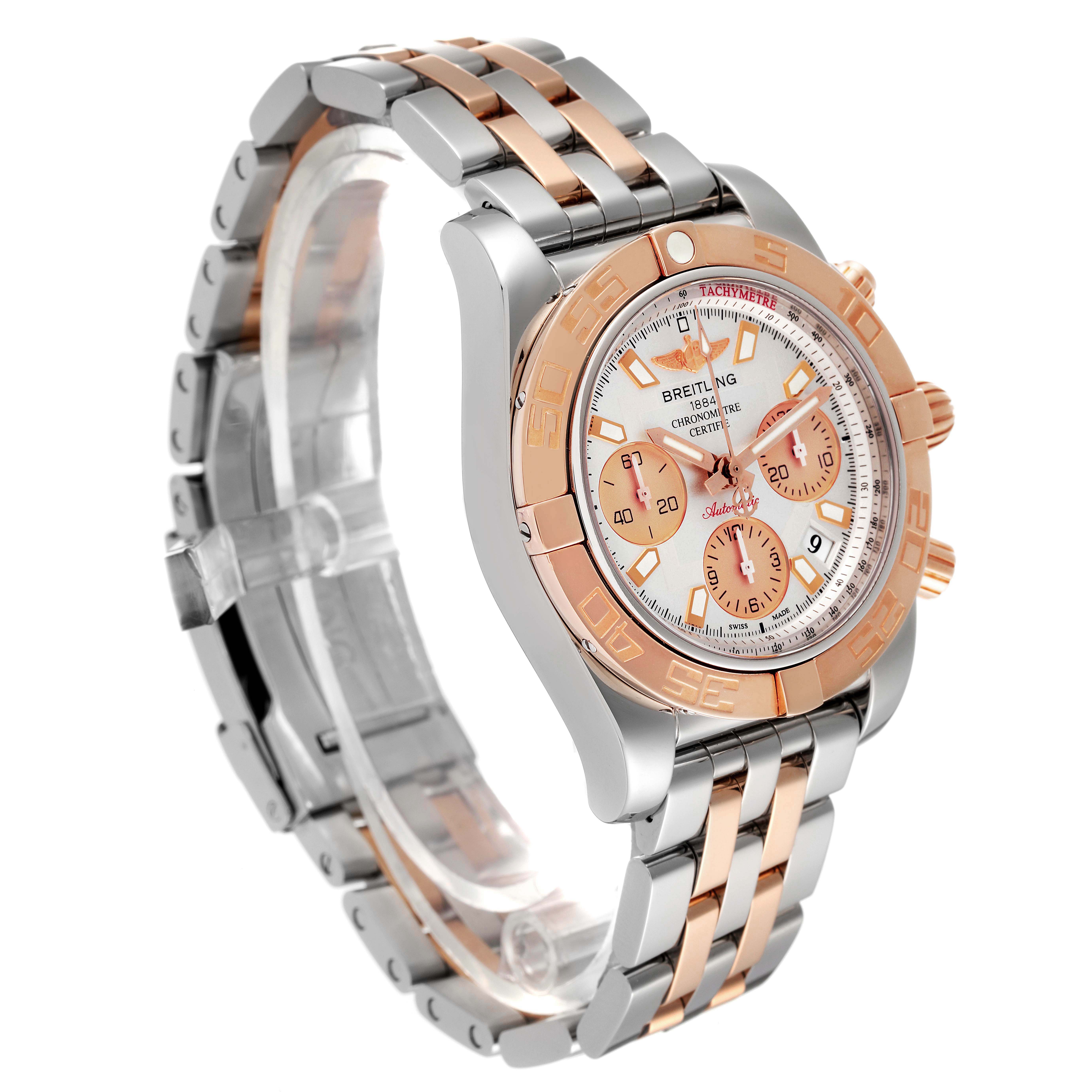 The image shows a Breitling Chronomat CB014012/G713 Men's Steel and Gold (two tone) Silver Dial CB014012/G713 Men's Steel and Gold (two tone) Silver Dial watch from a side angle, highlighting its rose gold and stainless steel bracelet, bezel, and dial.