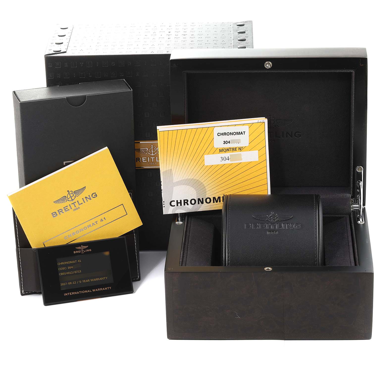 The image shows the Breitling Chronomat CB014012/G713 Men's Steel and Gold (two tone) Silver Dial CB014012/G713 Men's Steel and Gold (two tone) Silver Dial watch packaging, including a box, manuals, and warranty card.