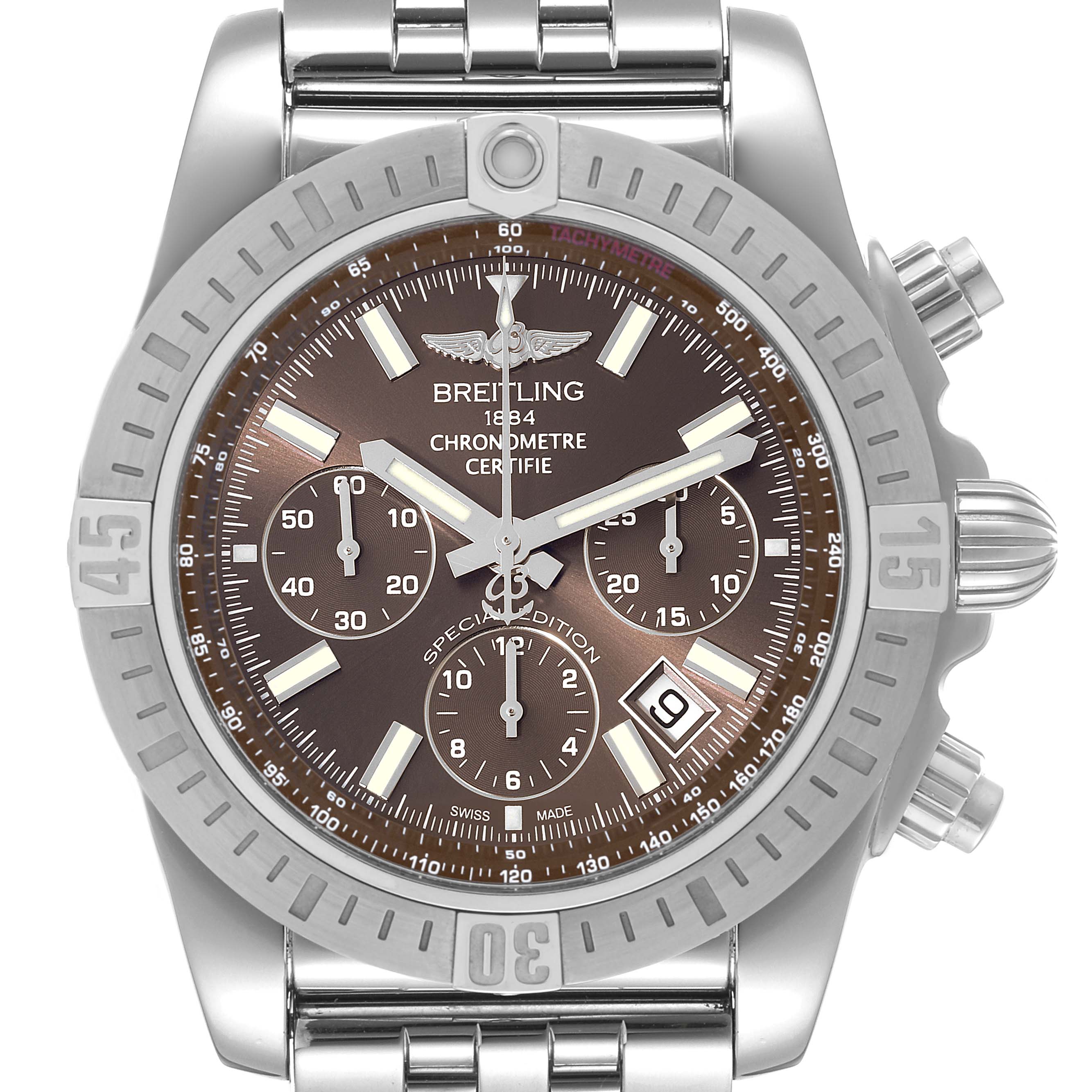 The image shows a front view of the Breitling Chronomat AB0115 Men's Stainless Steel Brown Dial AB0115 Men's Stainless Steel Brown Dial watch, highlighting the dial, bezel, subdials, and part of the metal bracelet.