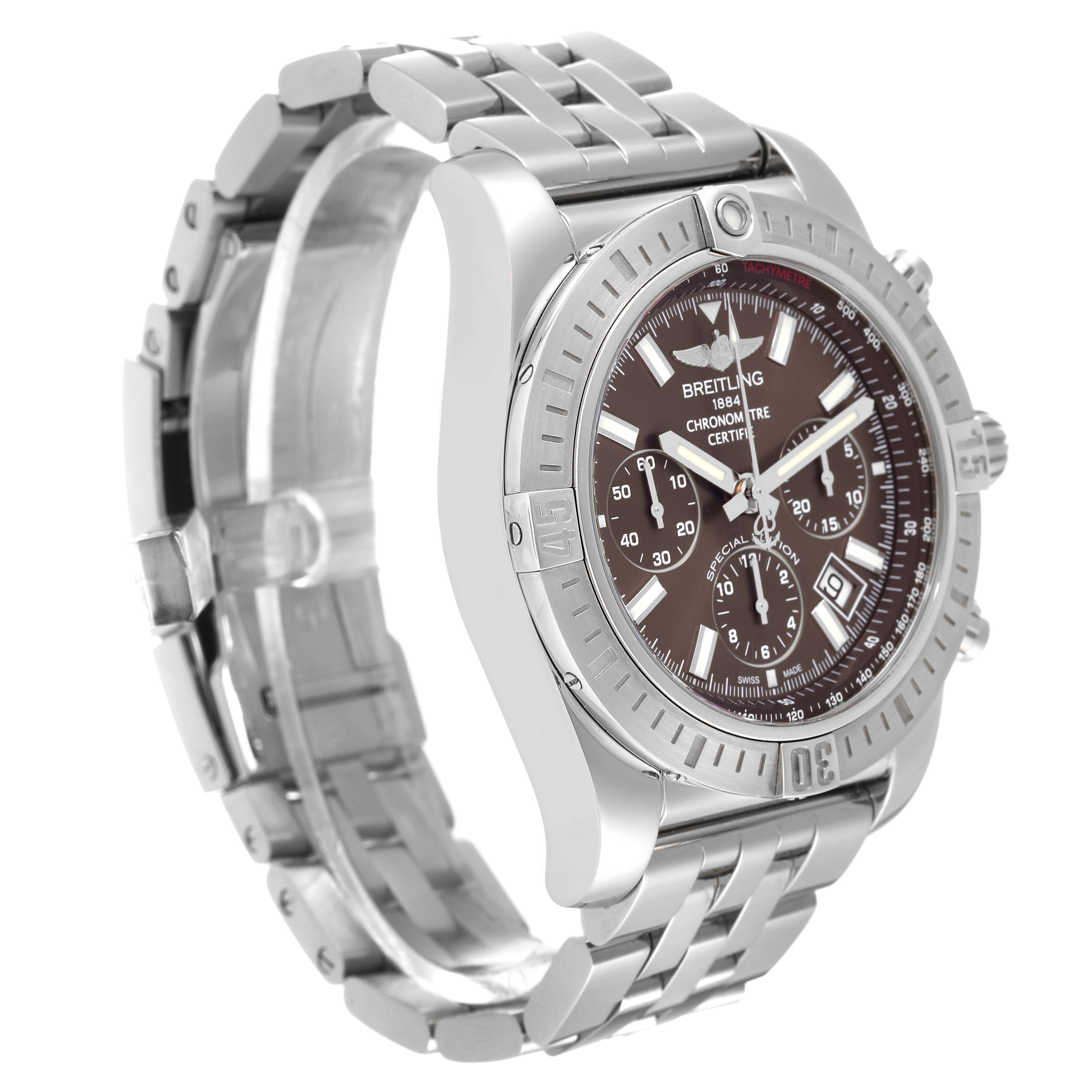 The image shows a side-angle view of a Breitling Chronomat AB0115 Men's Stainless Steel Brown Dial AB0115 Men's Stainless Steel Brown Dial watch, highlighting the face, bezel, crown, and metal bracelet.