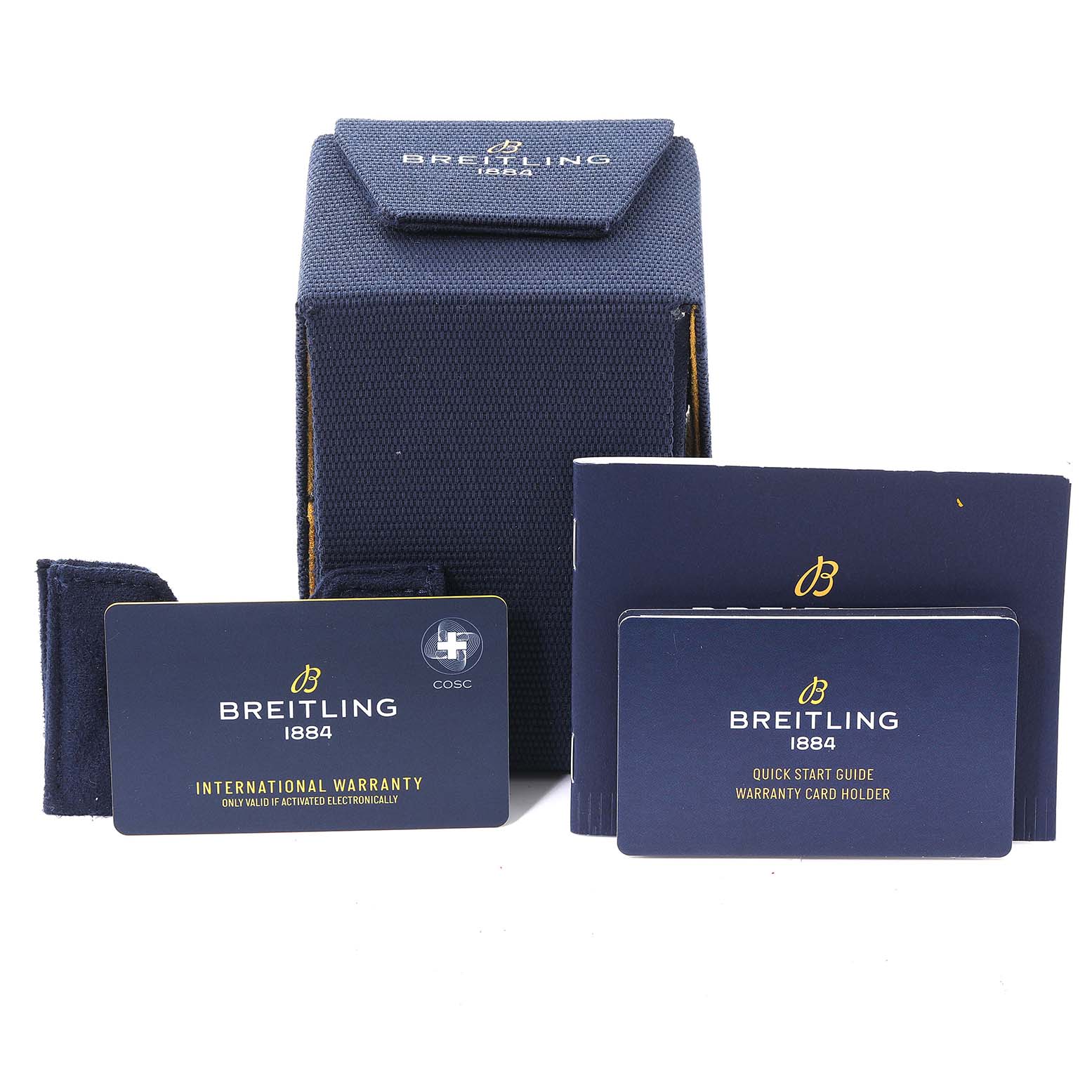 The image shows the box and accessories for the Breitling Chronomat AB0115 Men's Stainless Steel Brown Dial AB0115 Men's Stainless Steel Brown Dial model, including the warranty and quick start guide.