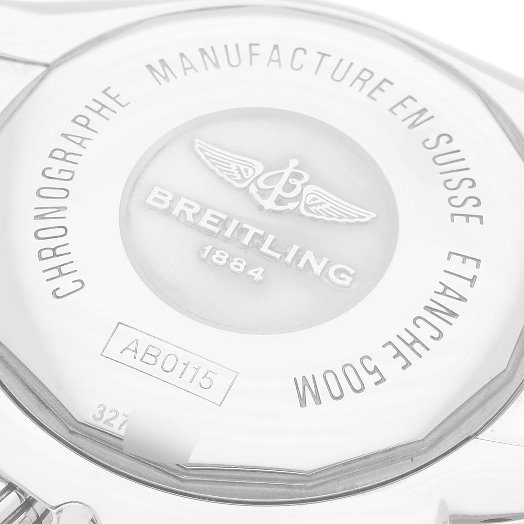 This image shows the back case of the Breitling Chronomat AB0115 Men's Stainless Steel Brown Dial AB0115 Men's Stainless Steel Brown Dial watch, highlighting the branding and model information.