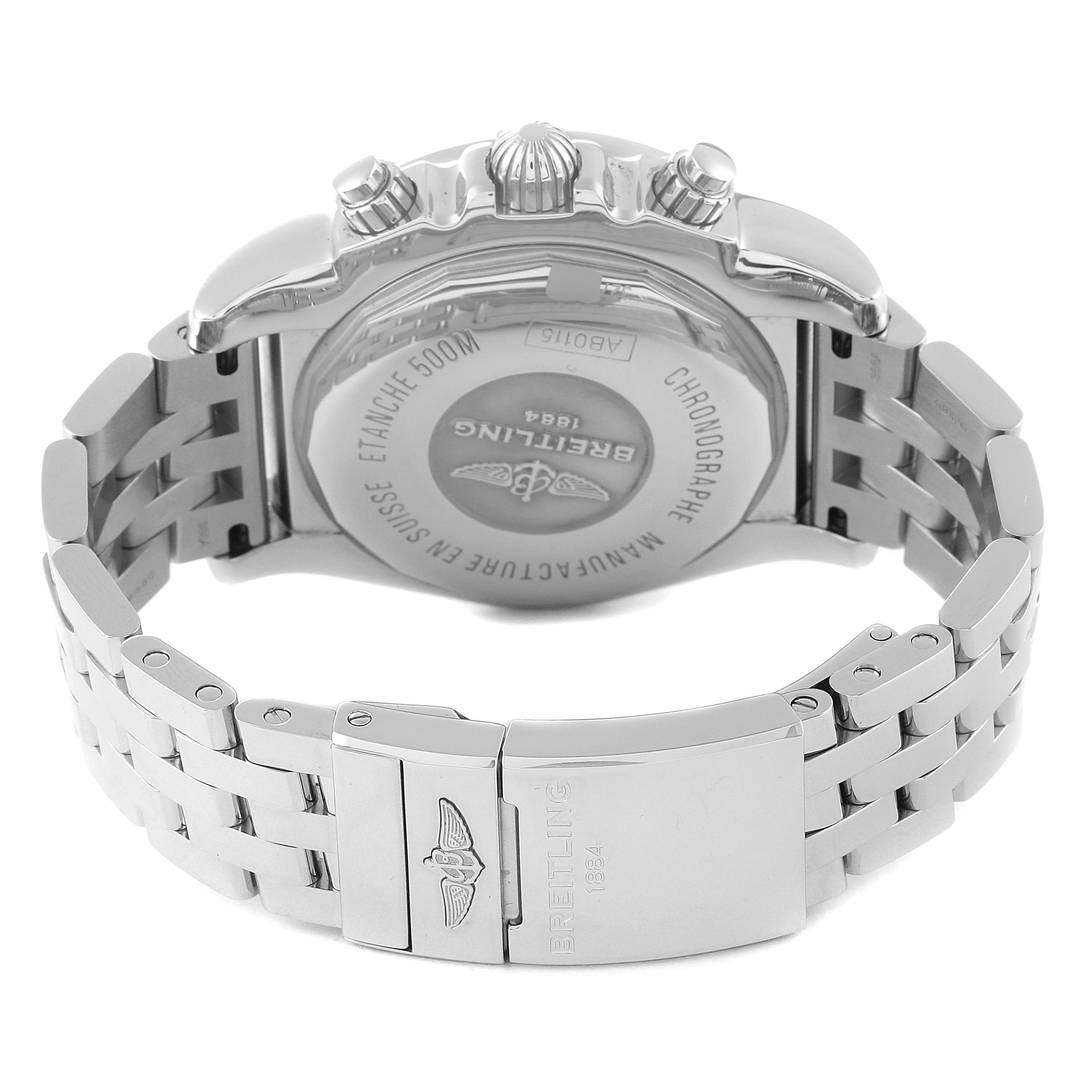 The image shows the back view of a Breitling Chronomat AB0115 Men's Stainless Steel Brown Dial AB0115 Men's Stainless Steel Brown Dial watch, highlighting the case back, crown, pushers, and metal bracelet with a clasp.