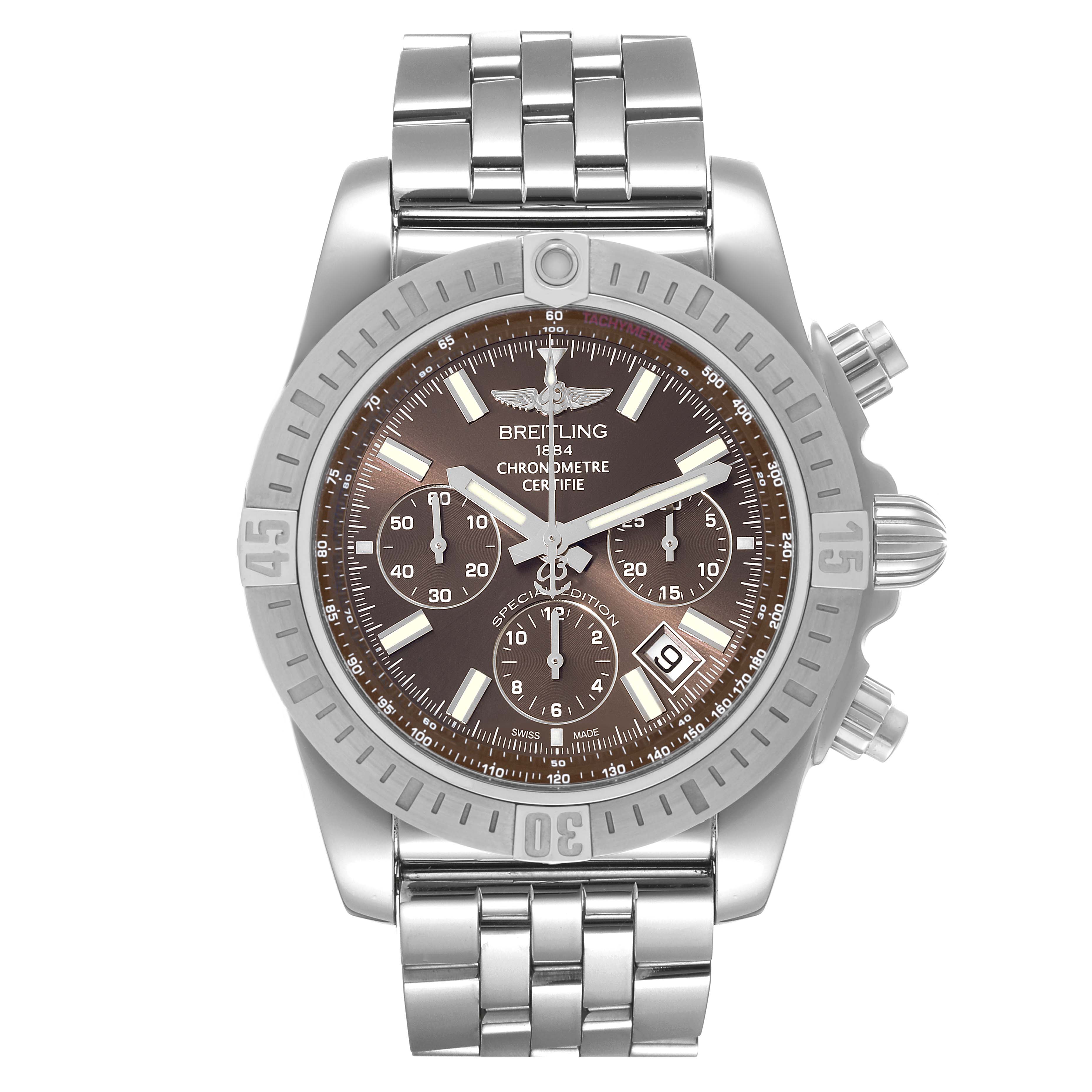 The image shows a front view of a Breitling Chronomat AB0115 Men's Stainless Steel Brown Dial AB0115 Men's Stainless Steel Brown Dial watch, highlighting its dial, bezel, pushers, and metal bracelet.