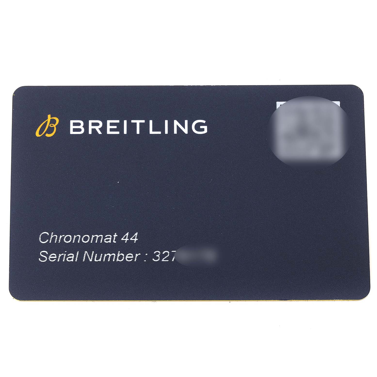 The image shows a Breitling Chronomat AB0115 Men's Stainless Steel Brown Dial AB0115 Men's Stainless Steel Brown Dial 44 warranty card viewed from the front, displaying the text and serial number.