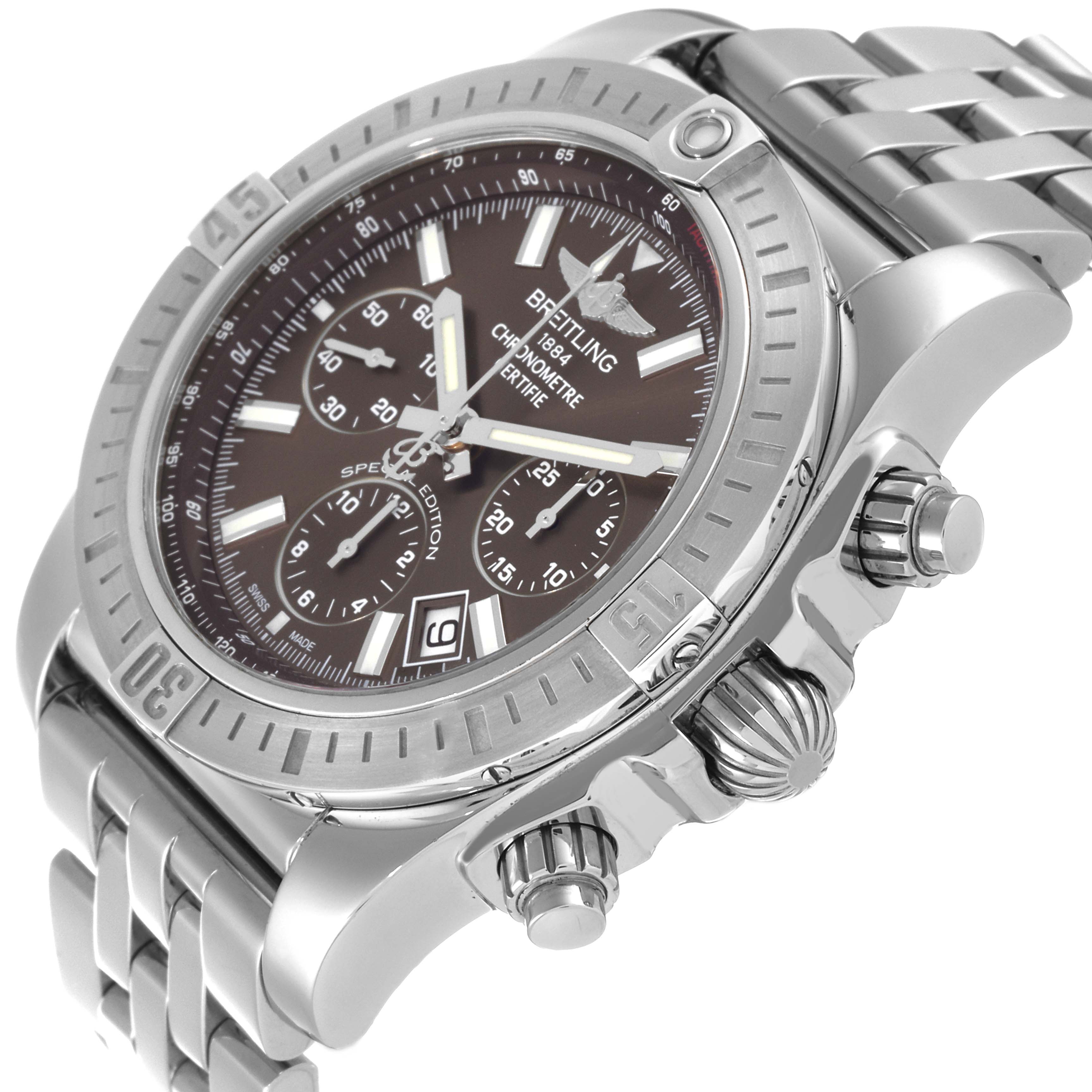 The image shows a close-up, side angle of the Breitling Chronomat AB0115 Men's Stainless Steel Brown Dial AB0115 Men's Stainless Steel Brown Dial watch, highlighting the case, bezel, crown, and bracelet.