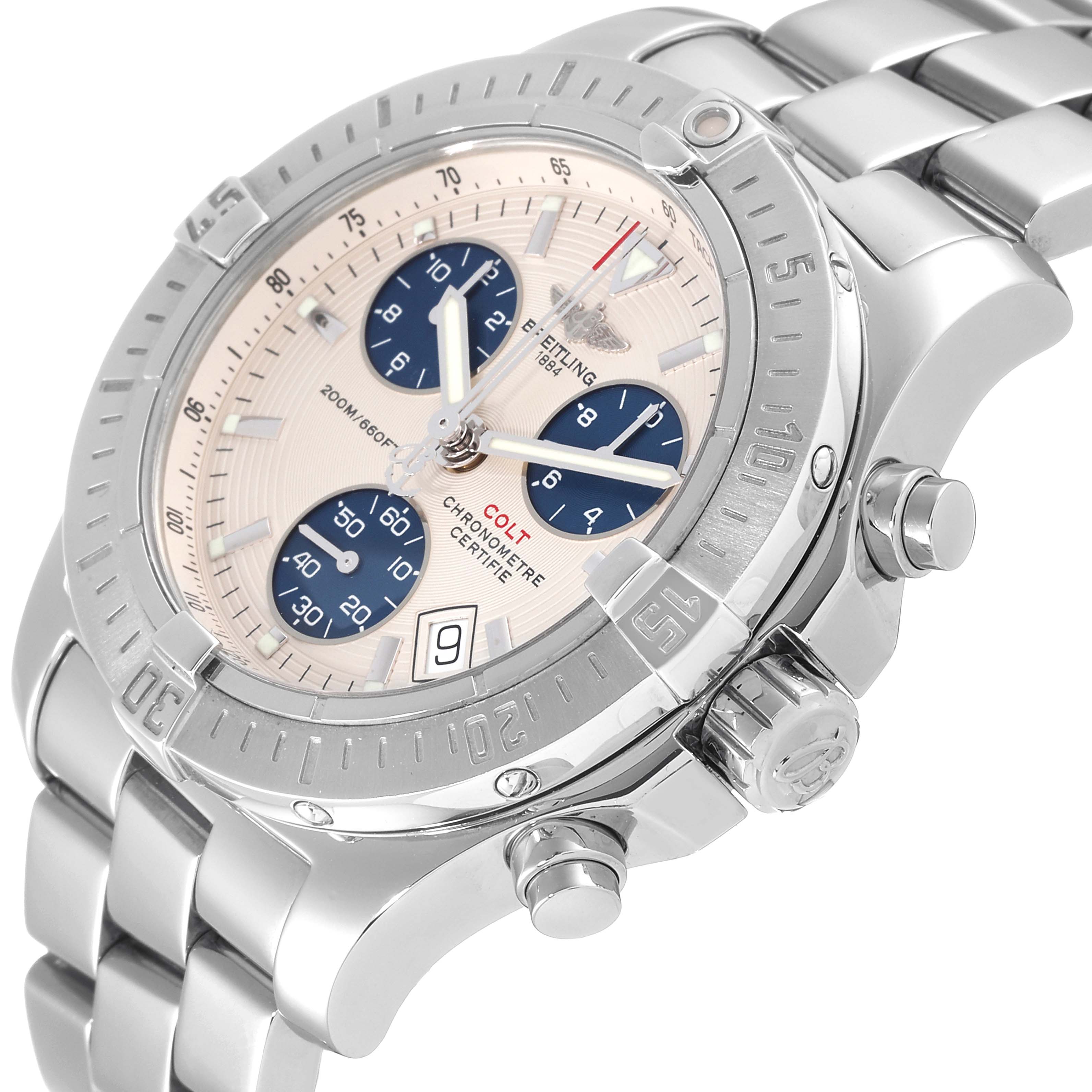 The image shows a side angle view of a Breitling Colt A73380 Men's Stainless Steel Silver Dial A73380 Men's Stainless Steel Silver Dial watch, highlighting the dial, bezel, and chronograph pushers.