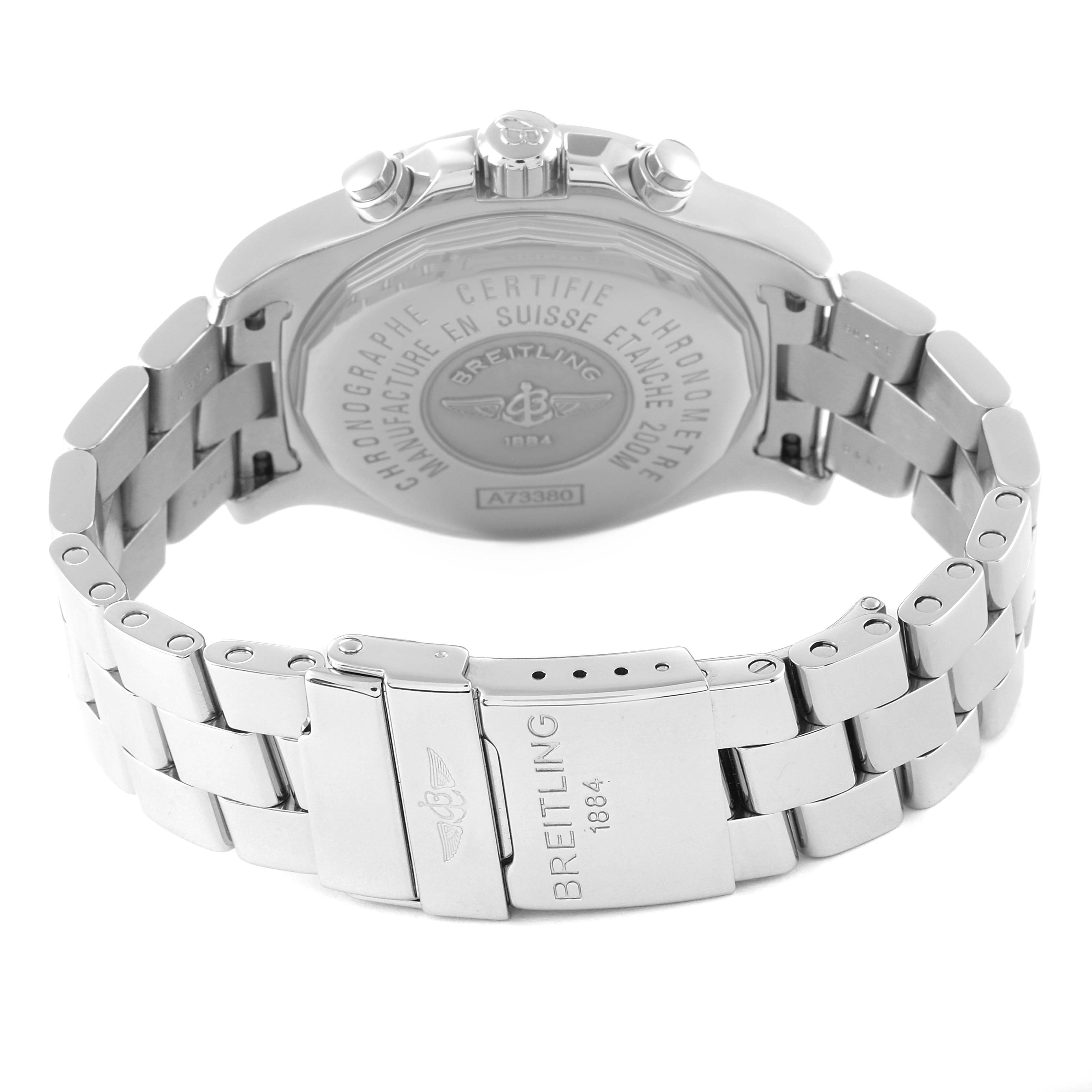 The image shows the back case and clasp of a Breitling Colt A73380 Men's Stainless Steel Silver Dial A73380 Men's Stainless Steel Silver Dial watch, with the stainless steel bracelet visible.