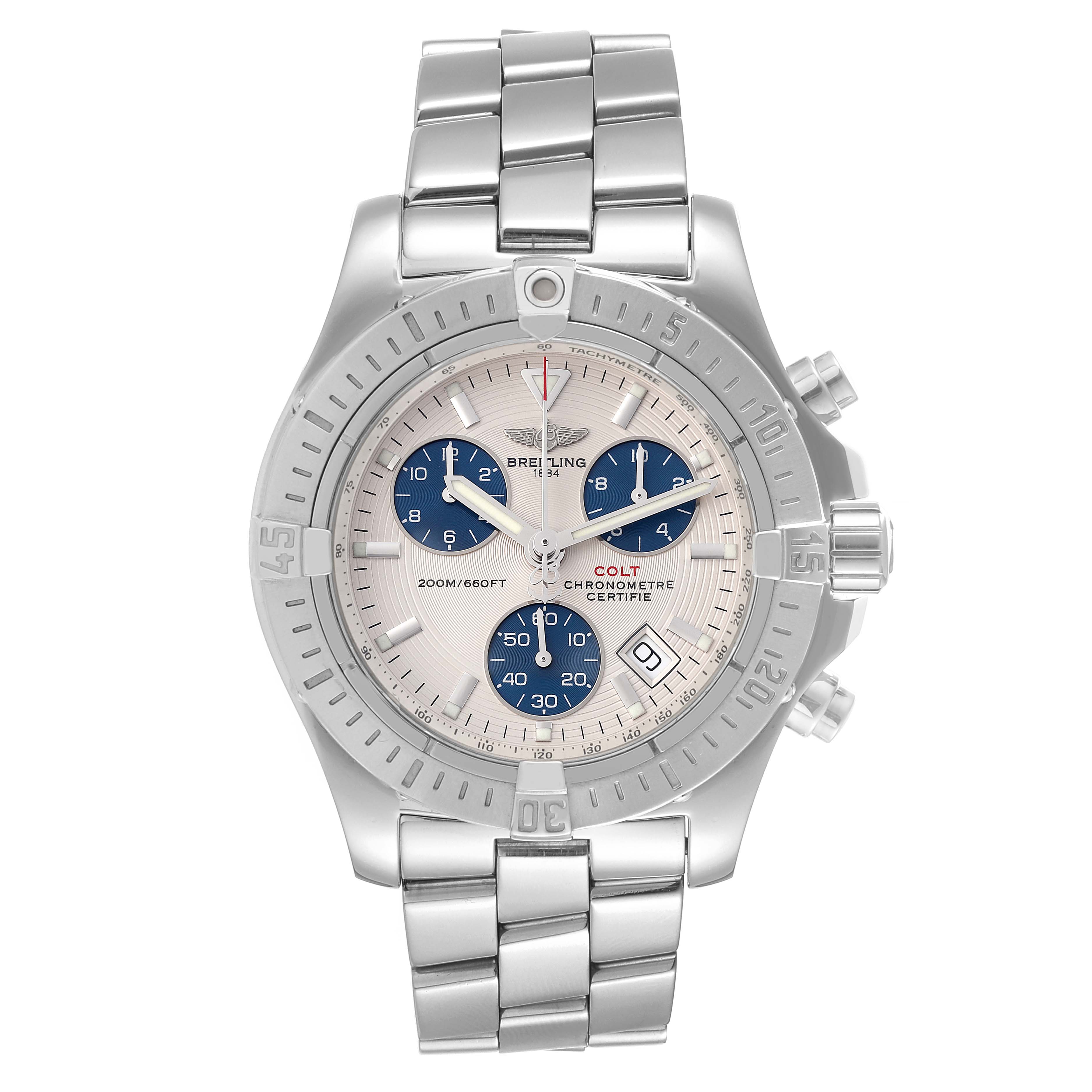 The image shows a front view of the Breitling Colt A73380 Men's Stainless Steel Silver Dial A73380 Men's Stainless Steel Silver Dial watch, highlighting its dial, bezel, chronograph subdials, and bracelet.