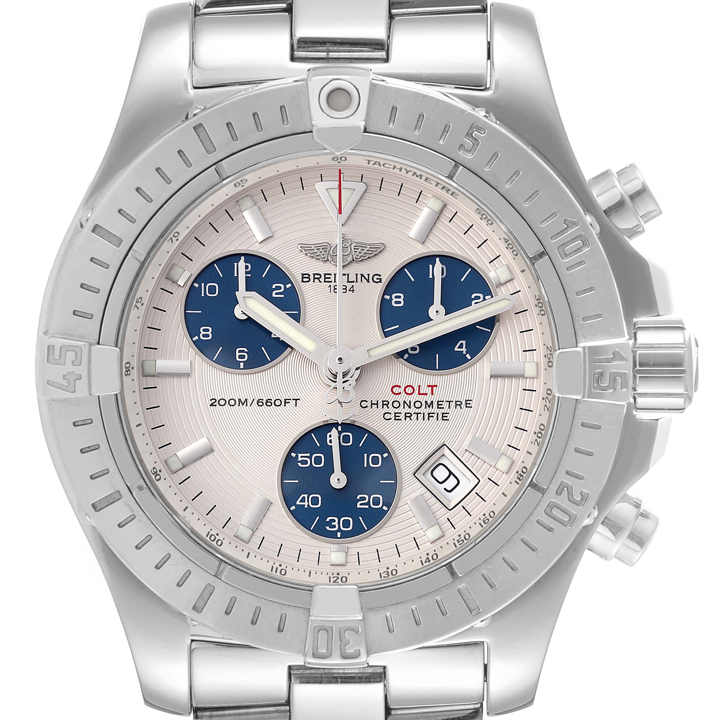 The image shows a front view of the Breitling Colt A73380 Men's Stainless Steel Silver Dial A73380 Men's Stainless Steel Silver Dial watch, highlighting its bezel, dial, sub-dials, crown, and pushers.
