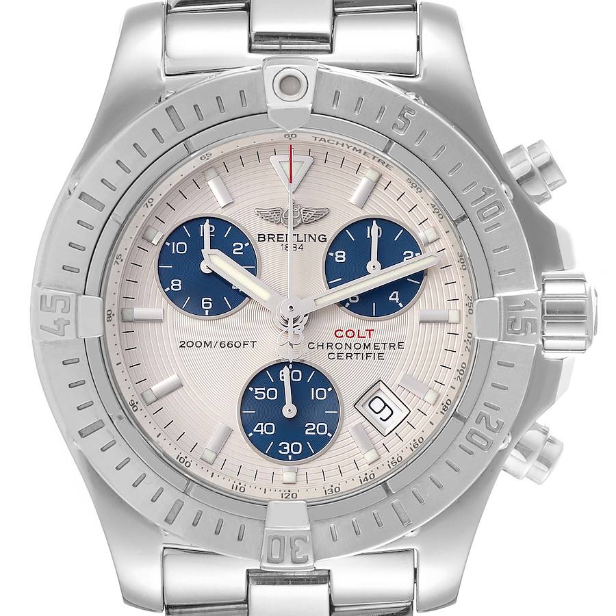 Breitling Colt Chronograph Silver Dial Steel Mens Watch A73380 Box Papers SwissWatchExpo
