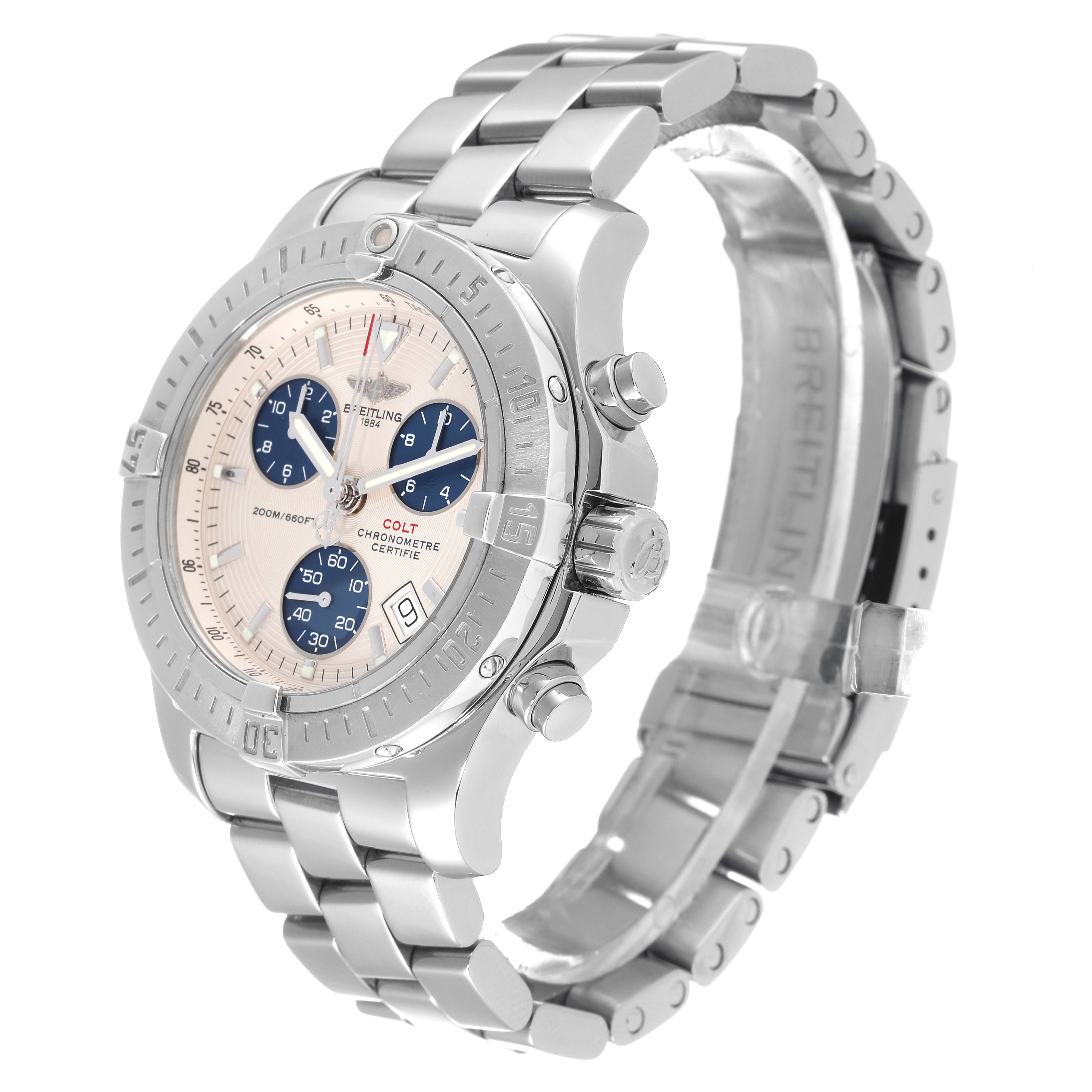 The image shows a side angle of a Breitling Colt A73380 Men's Stainless Steel Silver Dial A73380 Men's Stainless Steel Silver Dial watch, displaying its bezel, crown, pushers, and metal bracelet.