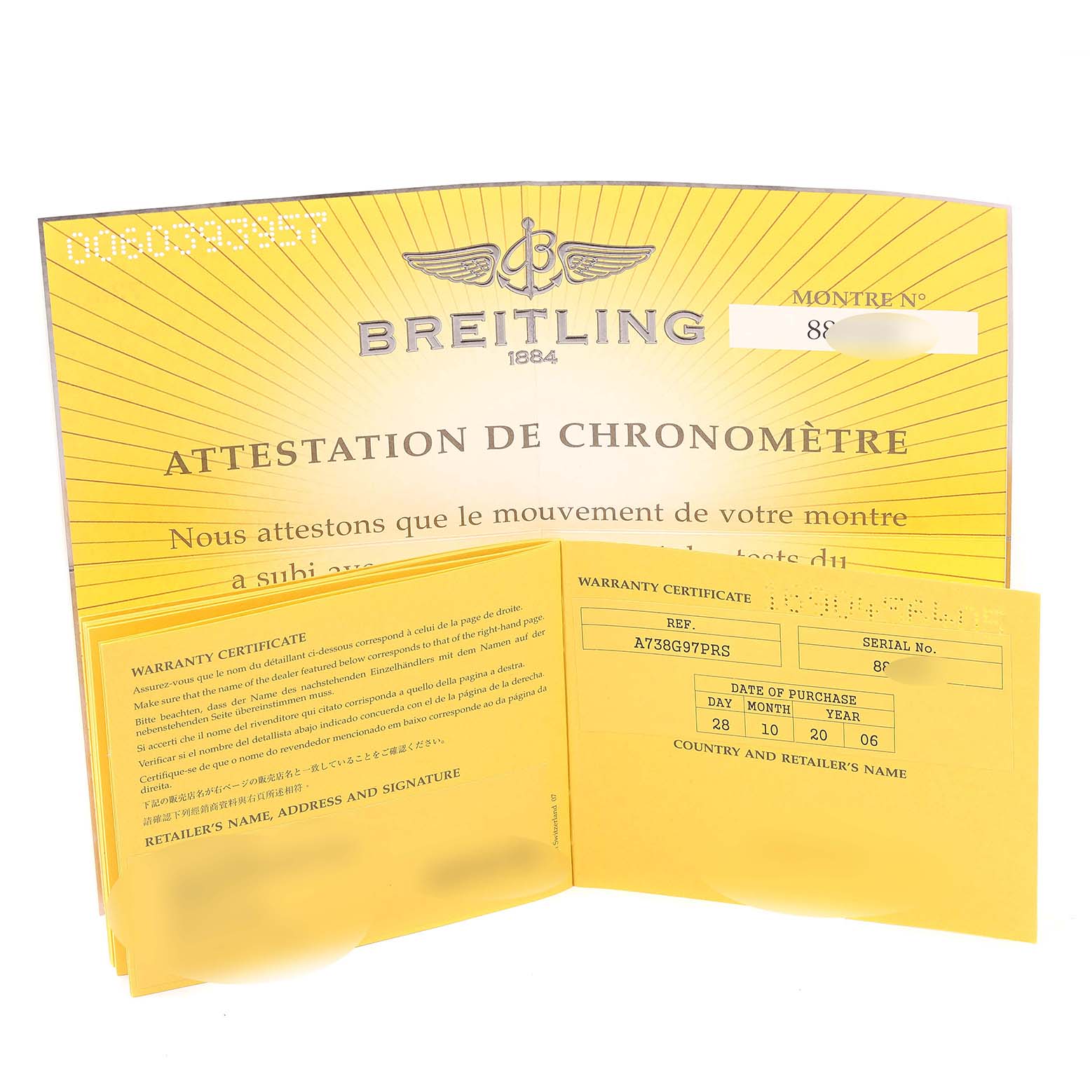 The image shows open warranty certificates and documents for a Breitling Colt A73380 Men's Stainless Steel Silver Dial A73380 Men's Stainless Steel Silver Dial watch, displayed at an angle to reveal the details.