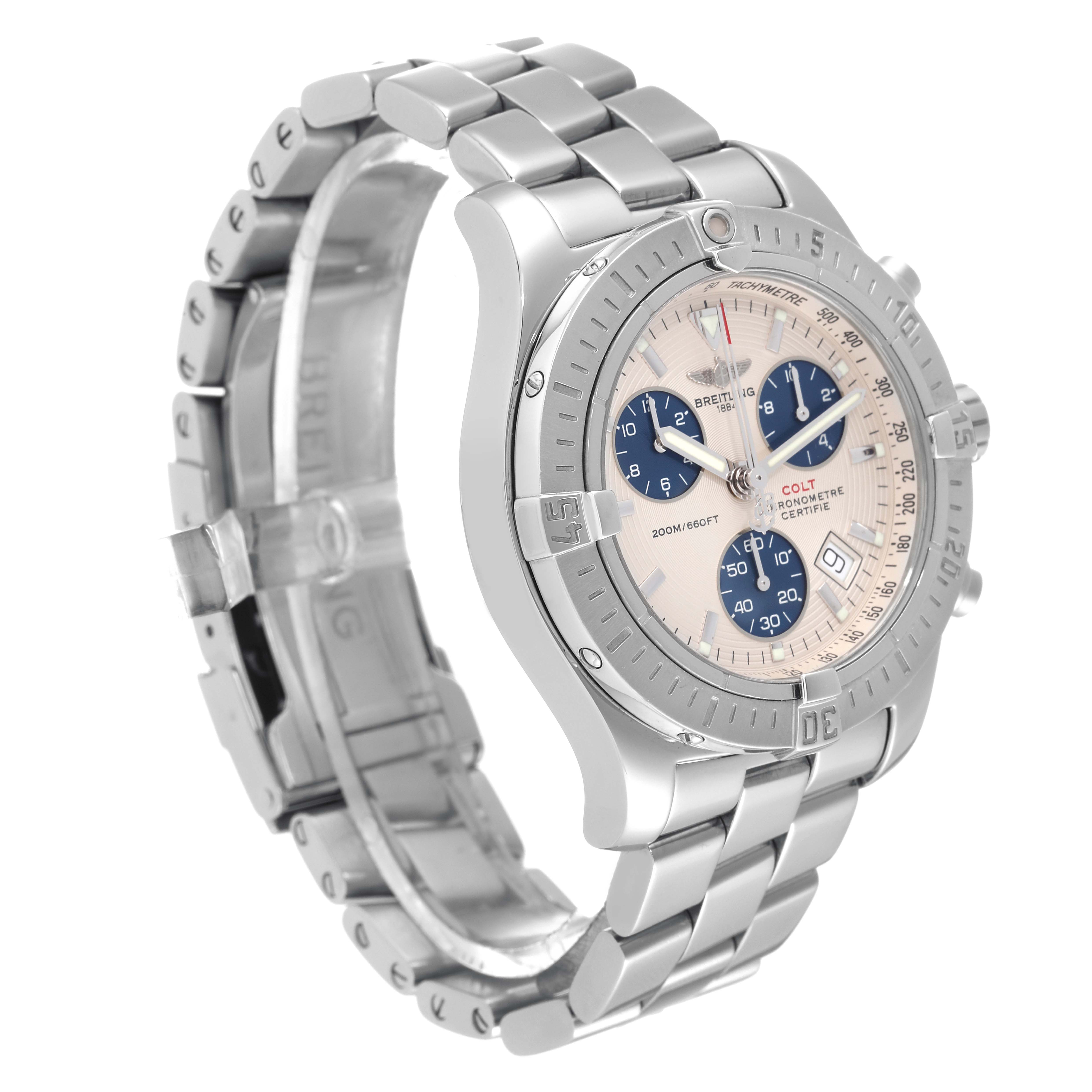The Breitling Colt A73380 Men's Stainless Steel Silver Dial A73380 Men's Stainless Steel Silver Dial watch is shown from a slight angle, highlighting its face, bezel, and metal bracelet.
