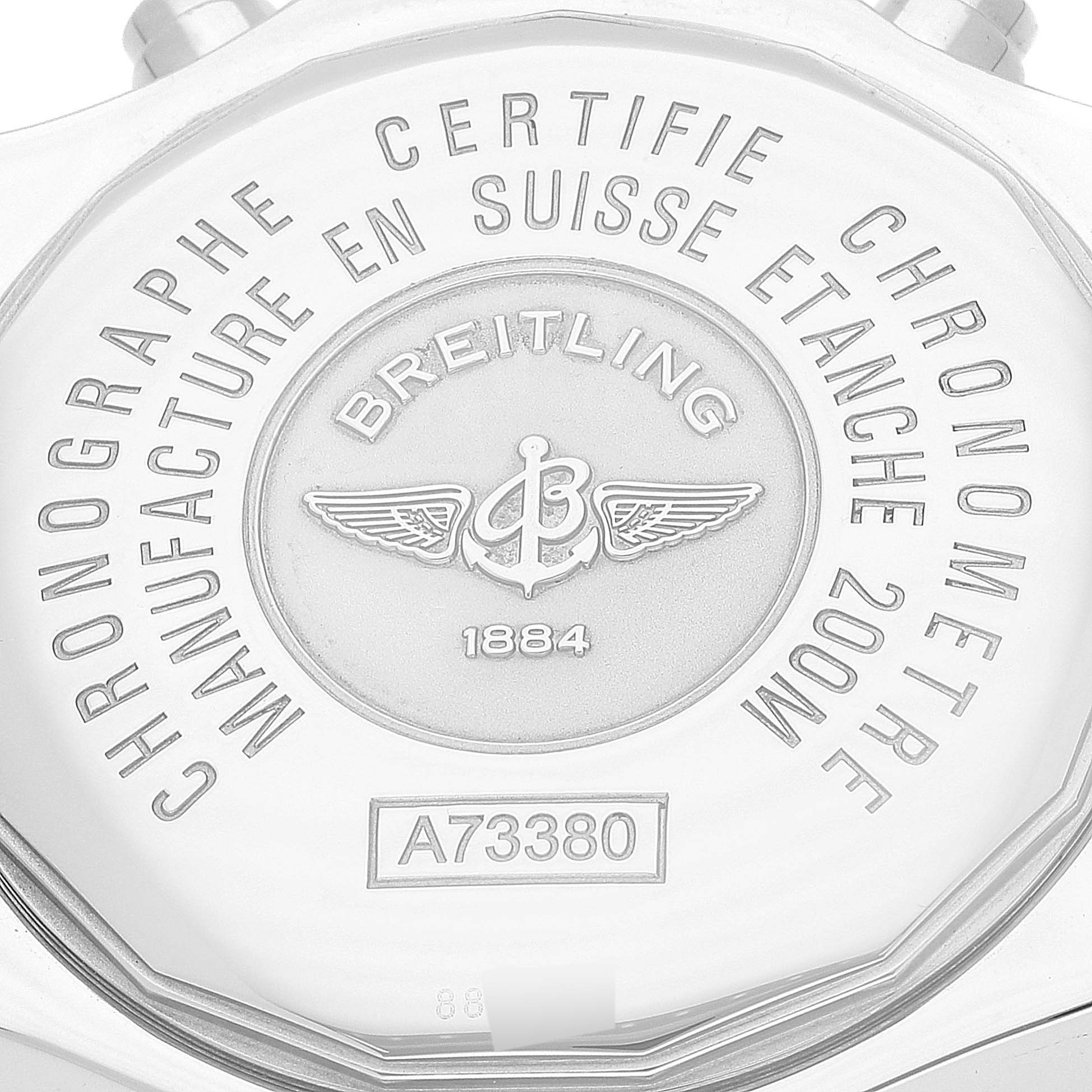 The image shows the back case of the Breitling Colt A73380 Men's Stainless Steel Silver Dial A73380 Men's Stainless Steel Silver Dial watch, featuring engravings and the model number A73380.