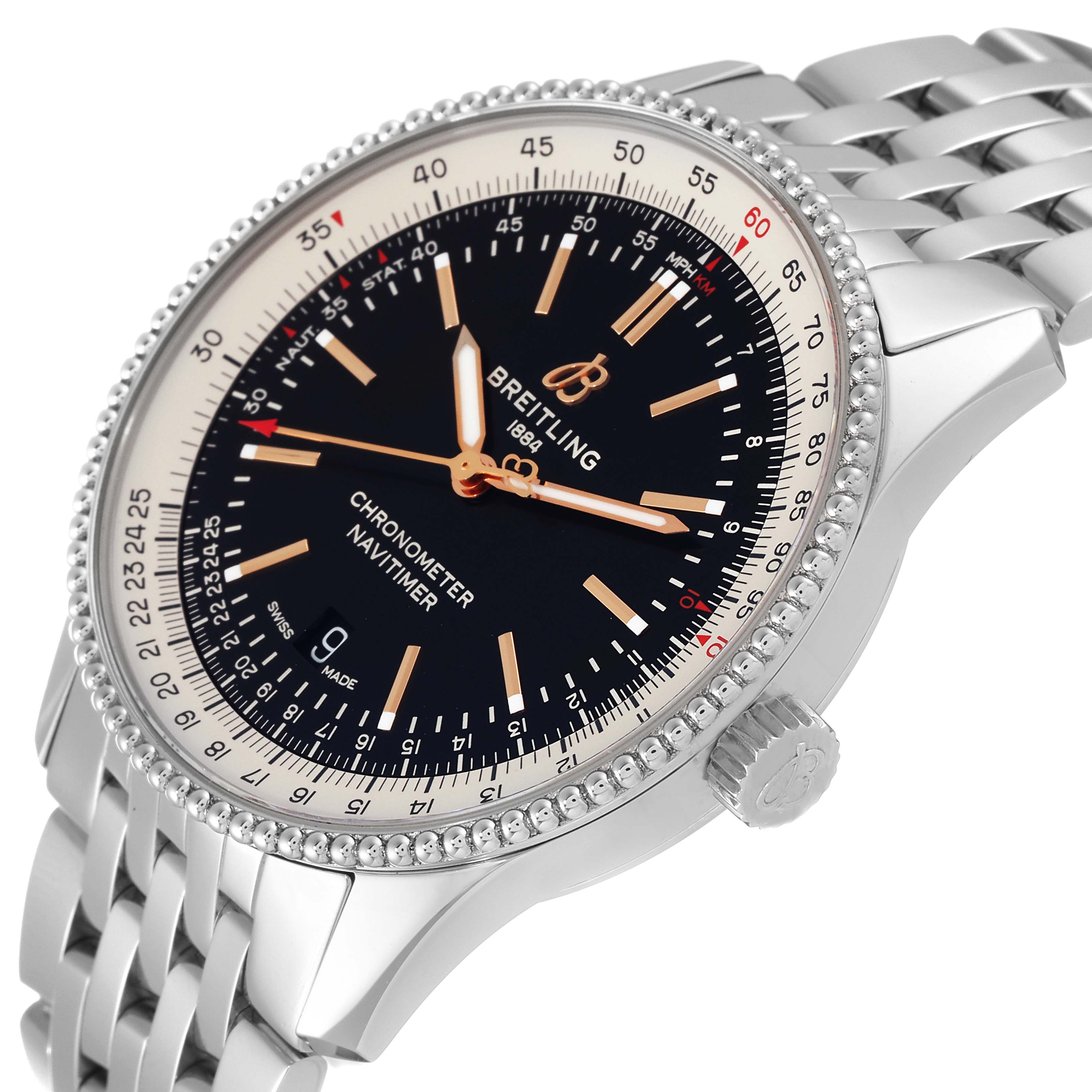The Breitling Navitimer A17326 Men's Stainless Steel Black Dial A17326 Men's Stainless Steel Black Dial model watch is shown at a three-quarter angle, featuring its face, dial, bezel, crown, and bracelet.