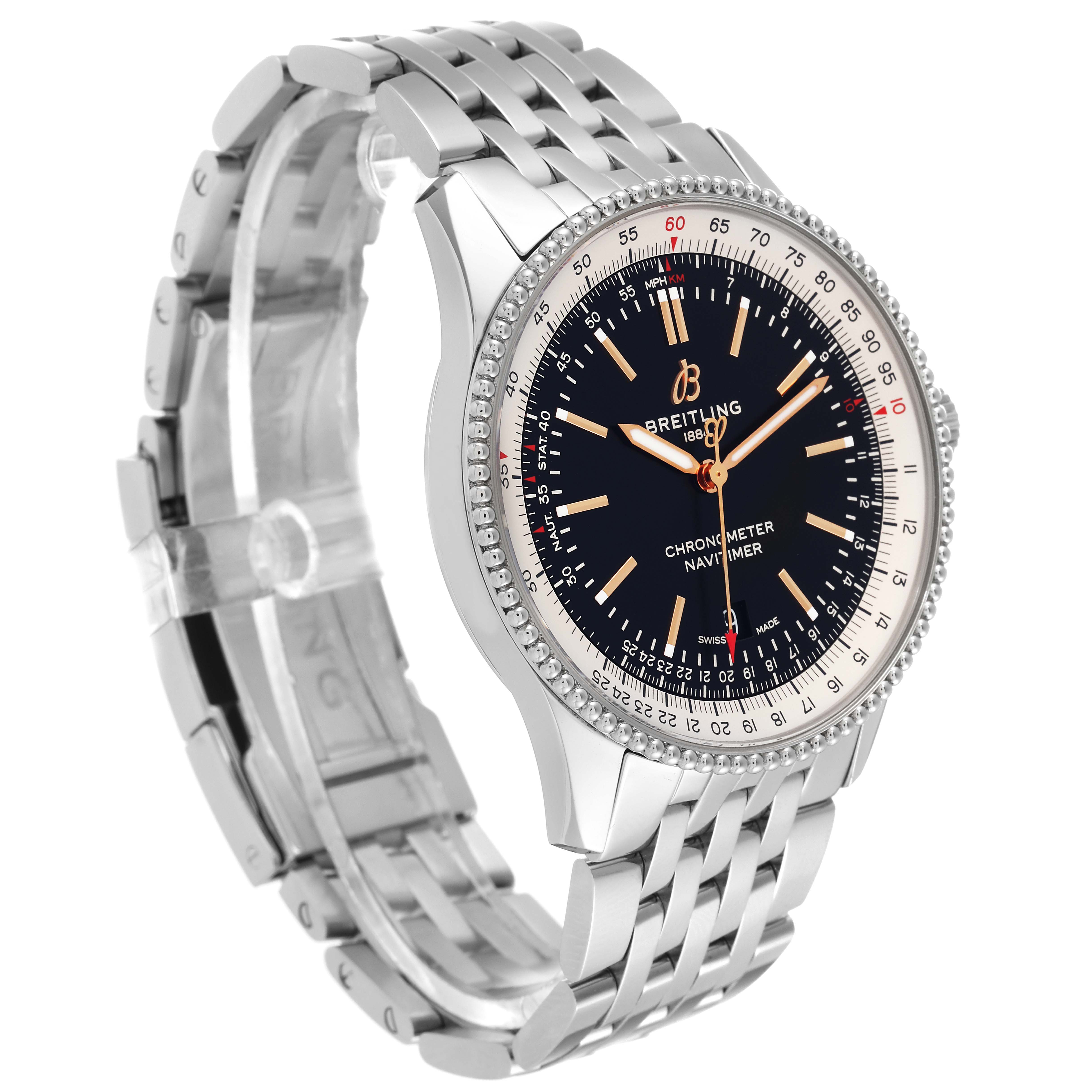 The Breitling Navitimer A17326 Men's Stainless Steel Black Dial A17326 Men's Stainless Steel Black Dial watch is shown at a 3/4 angle, displaying its face, bezel, and metal bracelet.