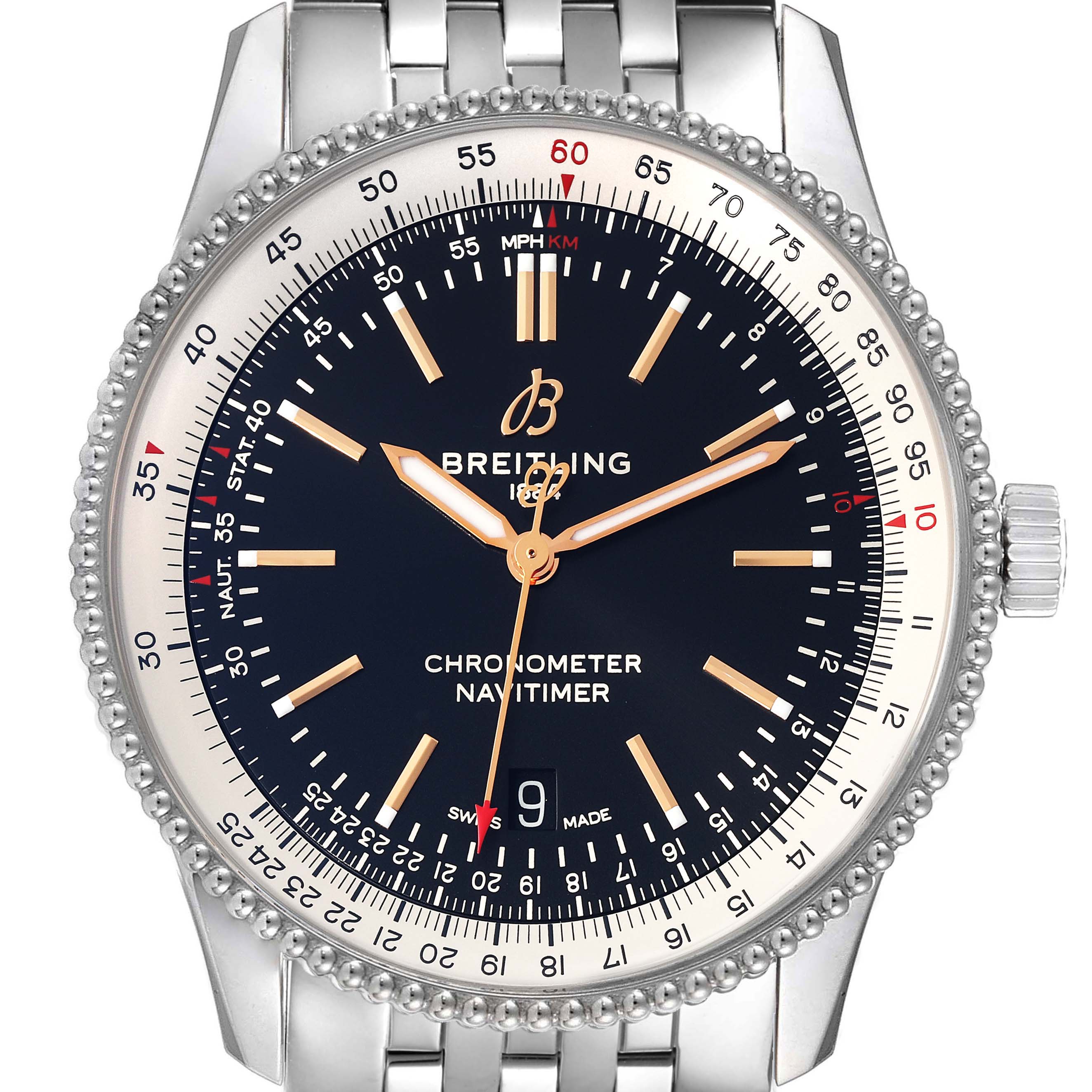 This image shows a front view of a Breitling Navitimer A17326 Men's Stainless Steel Black Dial A17326 Men's Stainless Steel Black Dial watch, displaying the bezel, dial, hands, and bracelet.