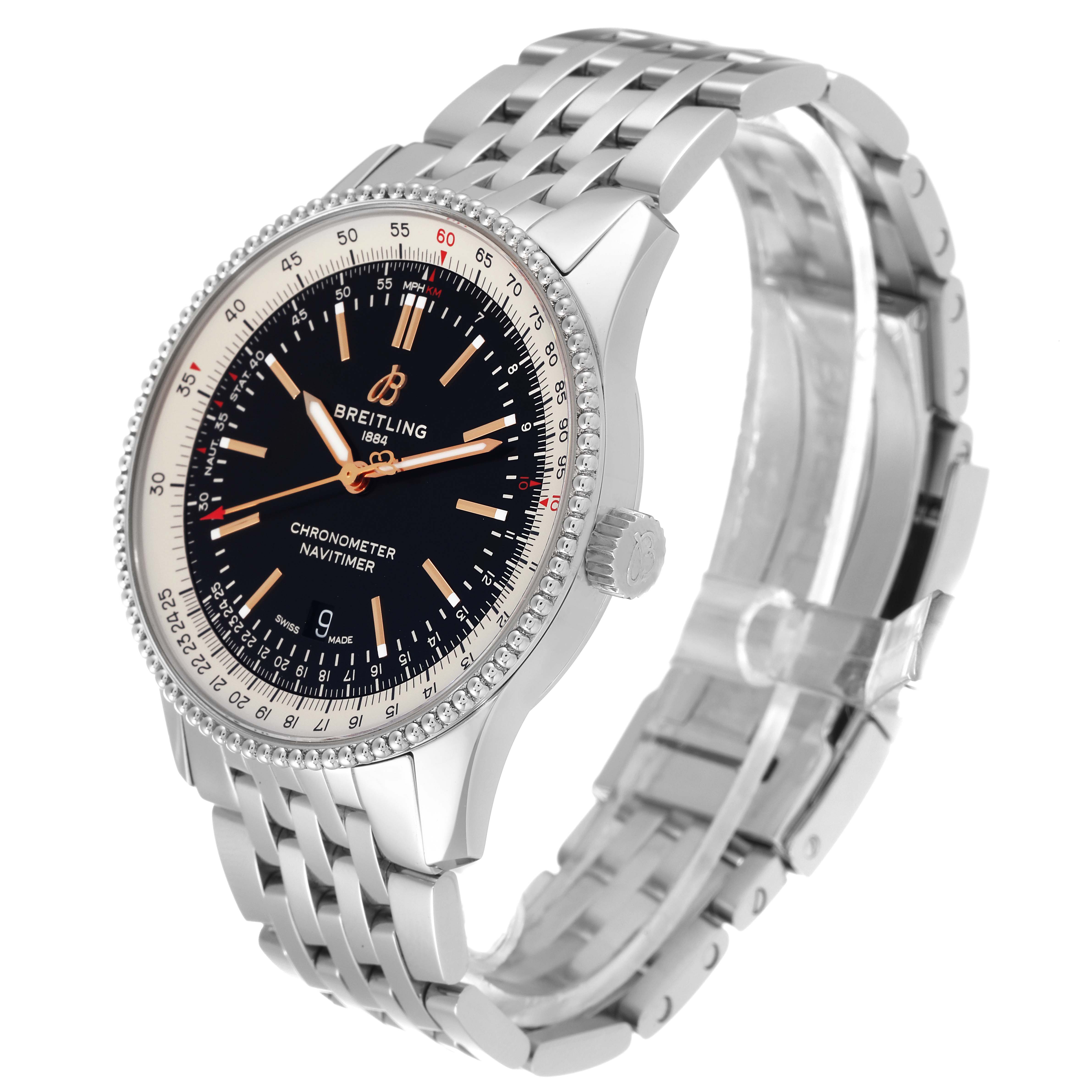 The image shows a side angle view of the Breitling Navitimer A17326 Men's Stainless Steel Black Dial A17326 Men's Stainless Steel Black Dial watch focusing on the dial, bezel, crown, and part of the bracelet.