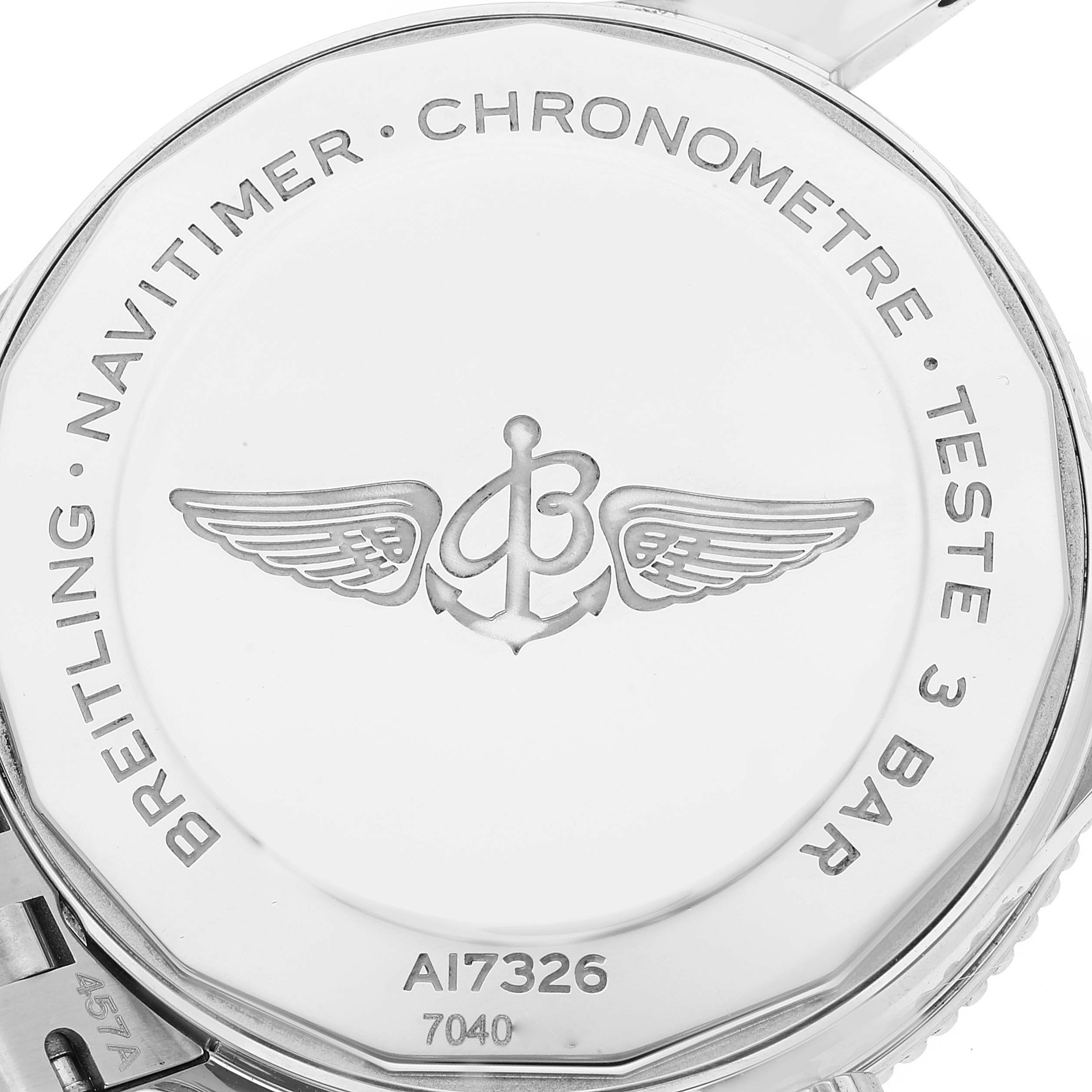 The image shows the back case of a Breitling Navitimer A17326 Men's Stainless Steel Black Dial A17326 Men's Stainless Steel Black Dial watch, displaying its brand engraving and model information.