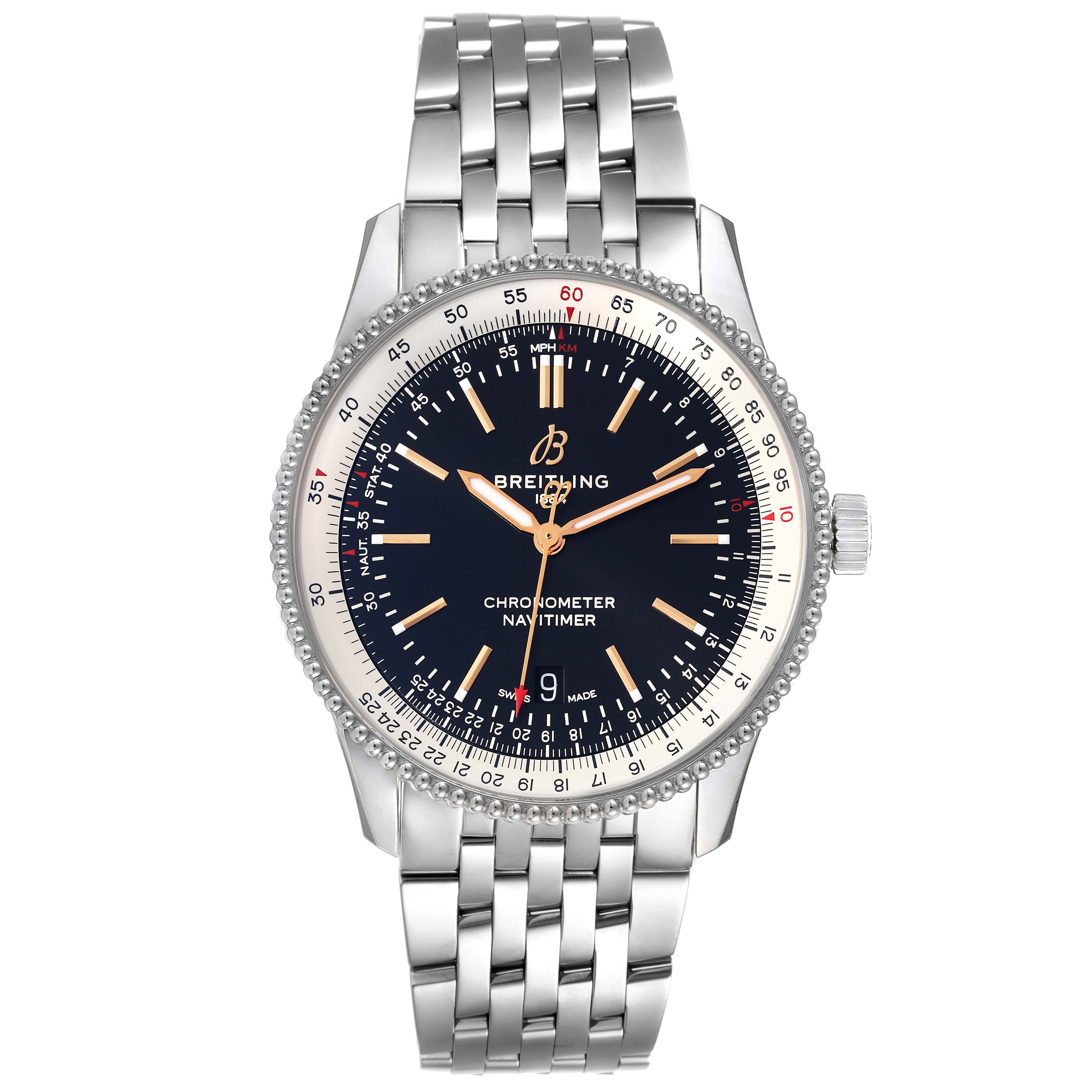 The image shows a front view of a Breitling Navitimer A17326 Men's Stainless Steel Black Dial A17326 Men's Stainless Steel Black Dial watch with a stainless steel bracelet and a black dial.