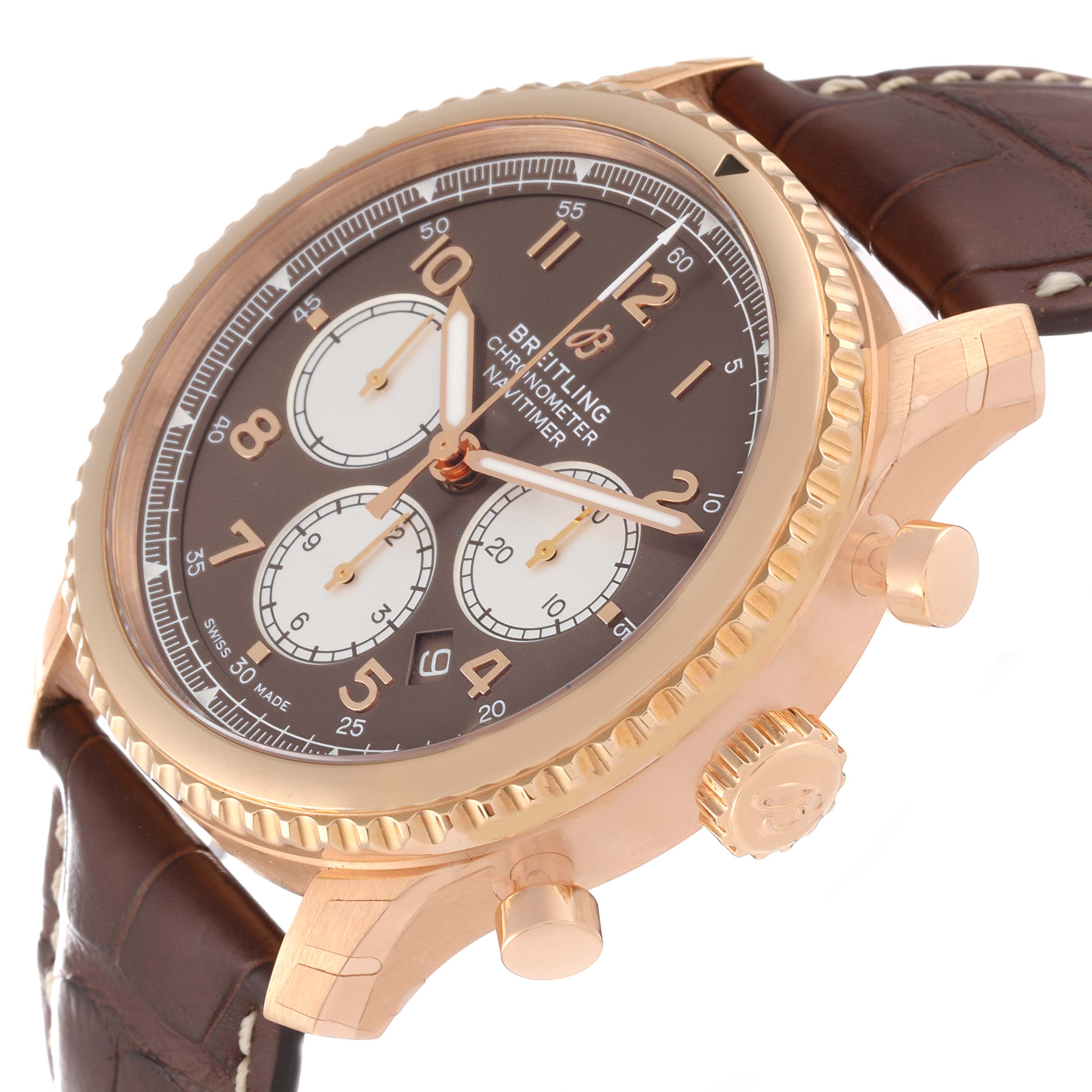 The Breitling Navitimer watch is shown at a slight angle, highlighting the crown, pushers, dial, bezel, and leather strap.