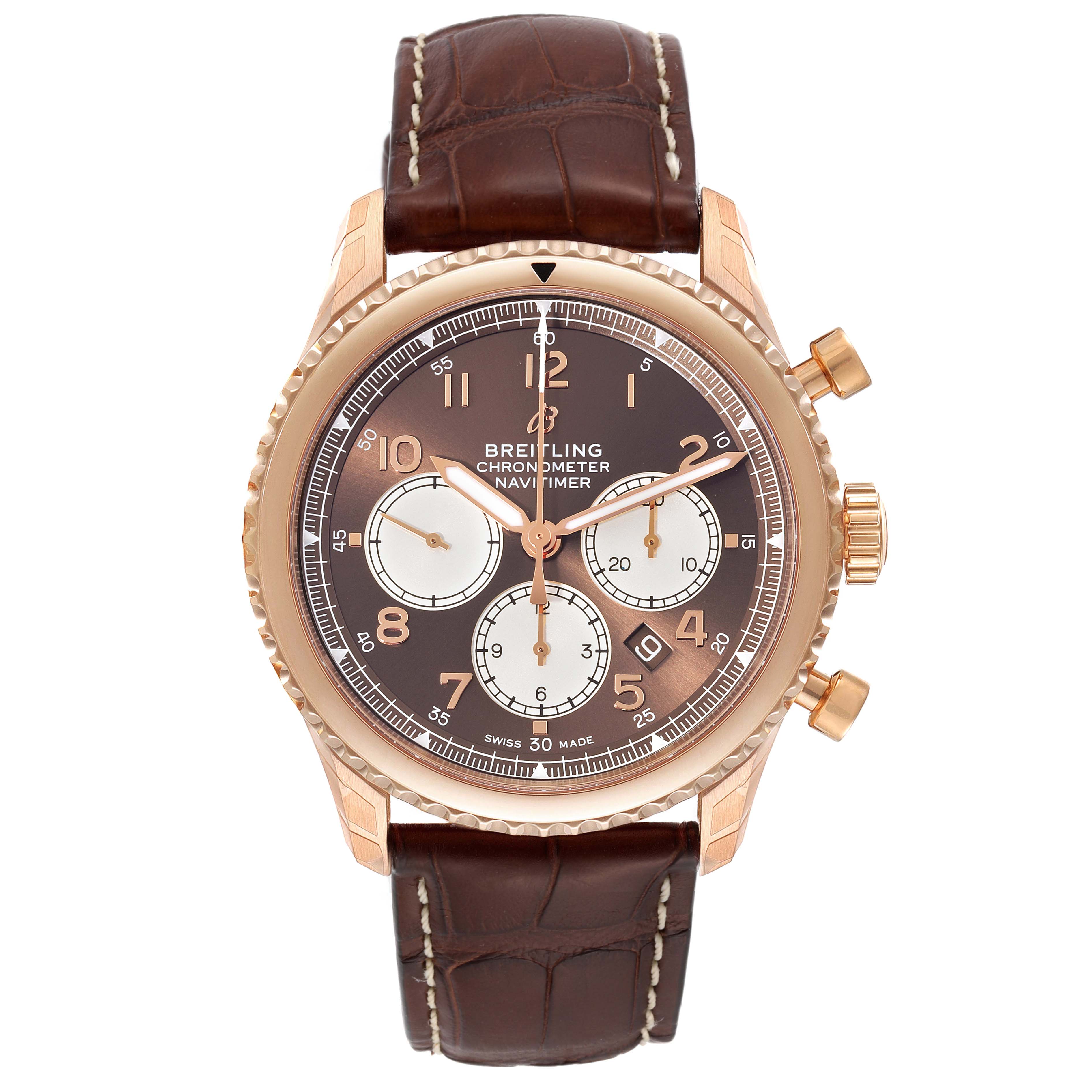 This image shows a front view of a Breitling Navitimer watch with a brown leather strap and gold case.