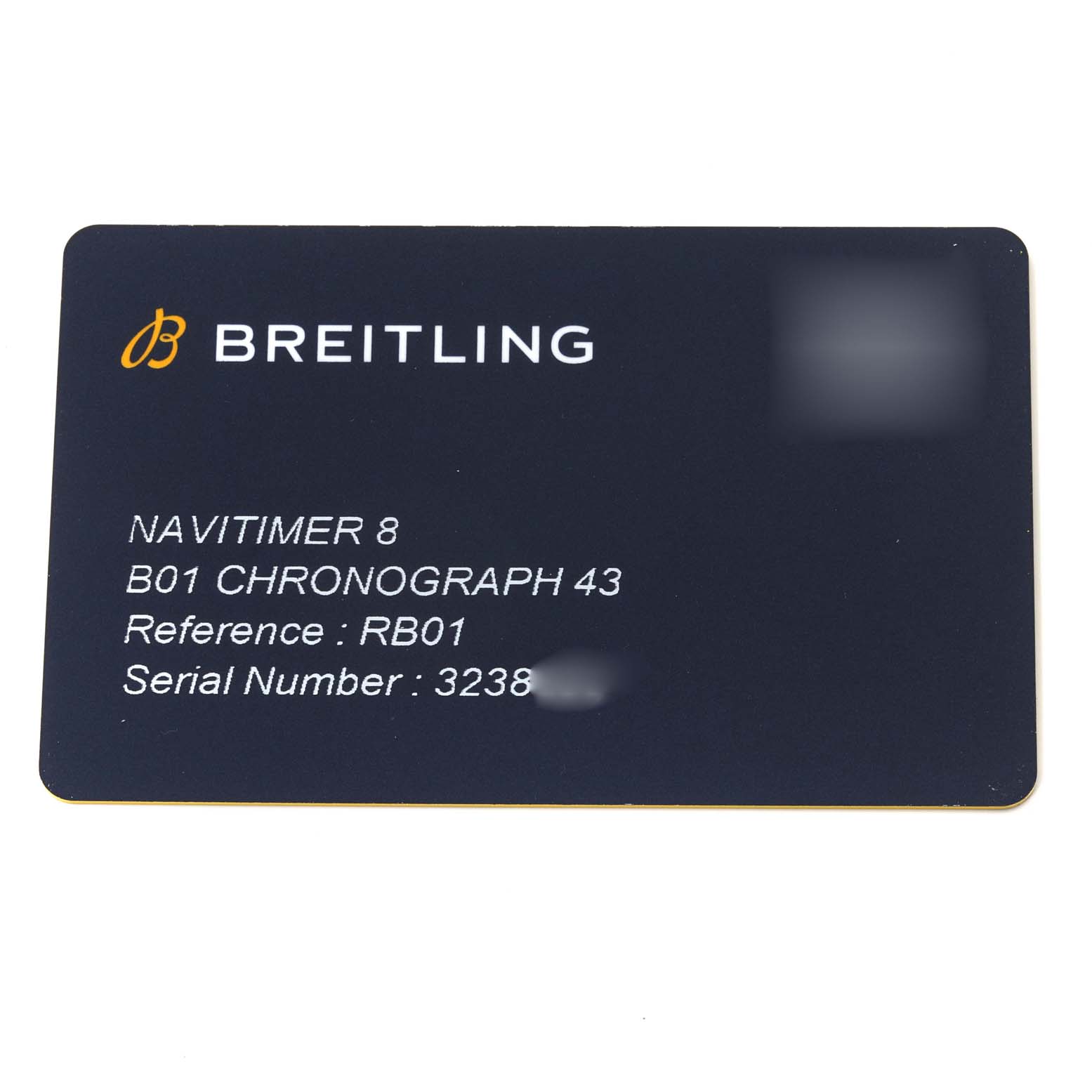 The image shows a Breitling Navitimer 8 B01 Chronograph 43 identification card from a straight-on angle.