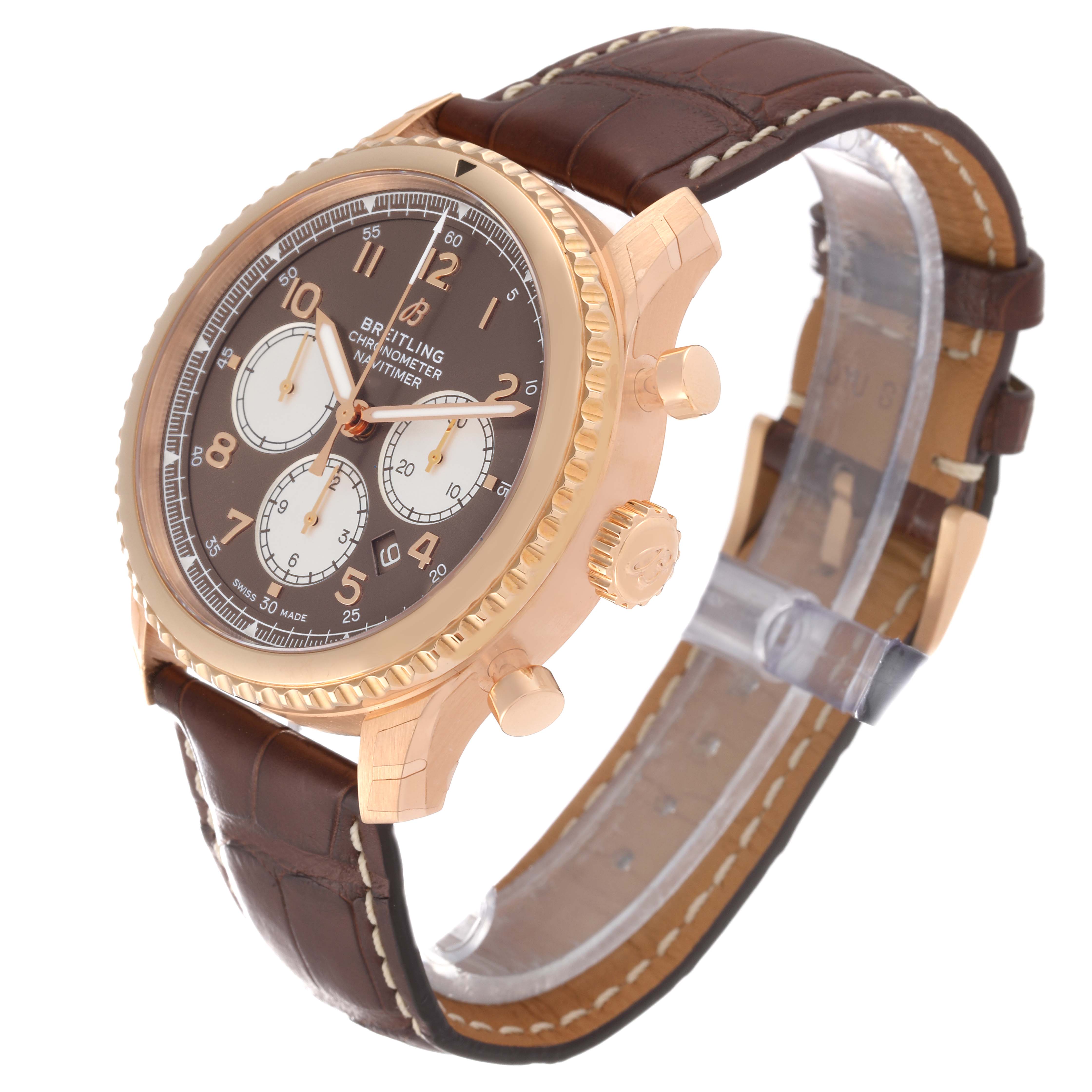 The image shows a Breitling Navitimer watch at a slight angle, highlighting the face, bezel, crown, pushers, and leather strap.