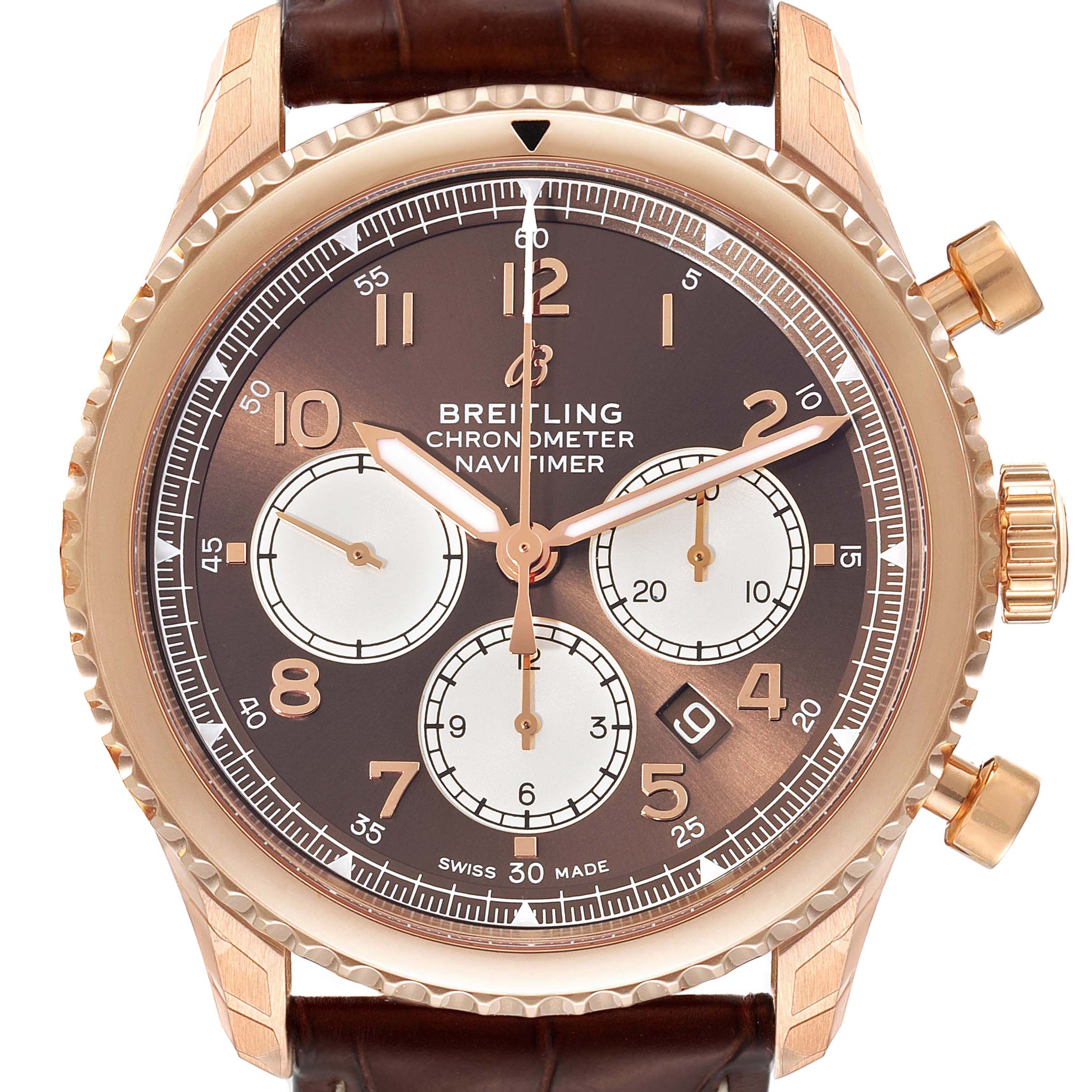 The Breitling Aviator RB0117 Men's Rose Gold Brown Dial RB0117 Men's Rose Gold Brown Dial watch is shown up close, highlighting its face, chronographs, bezel, crown, and part of the brown leather strap.