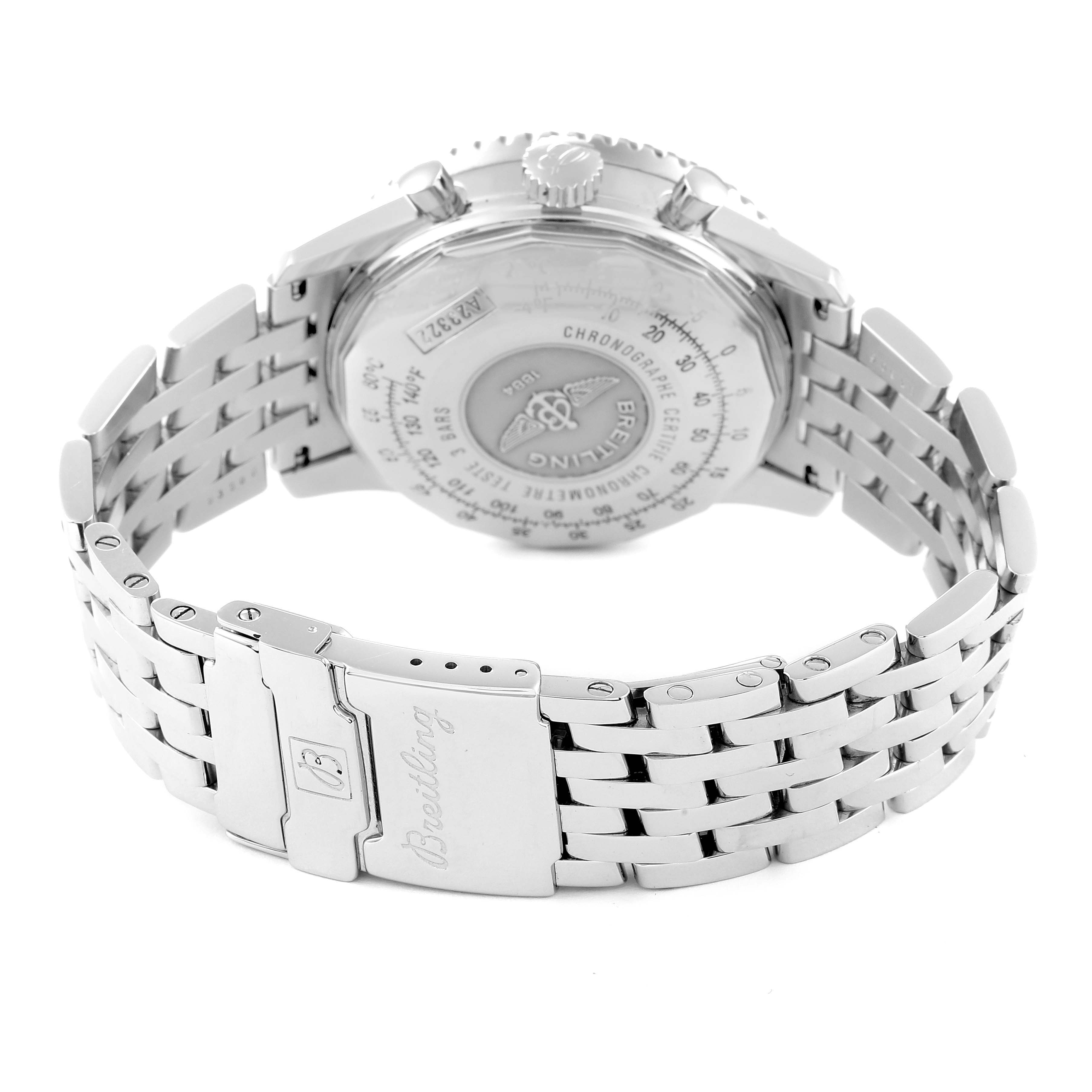 The image shows the back view of a Breitling Navitimer A23322 Men
s Stainless Steel Black Dial A23322 Men
s Stainless Steel Black Dial watch, highlighting its bracelet and visible caseback.