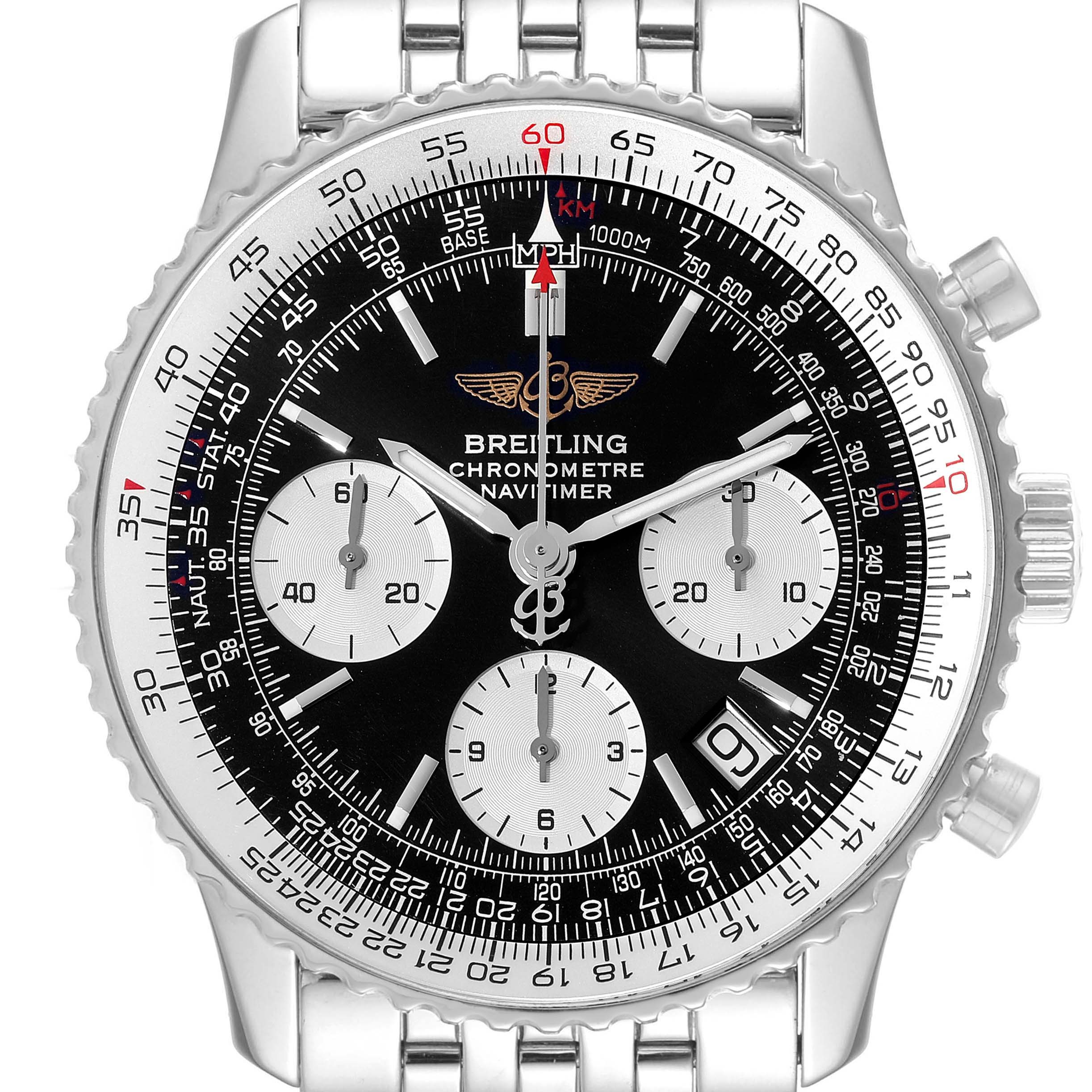 The image shows a front view of a Breitling Navitimer A23322 Men
s Stainless Steel Black Dial A23322 Men
s Stainless Steel Black Dial watch, highlighting its dial, sub-dials, bezel, and bracelet.