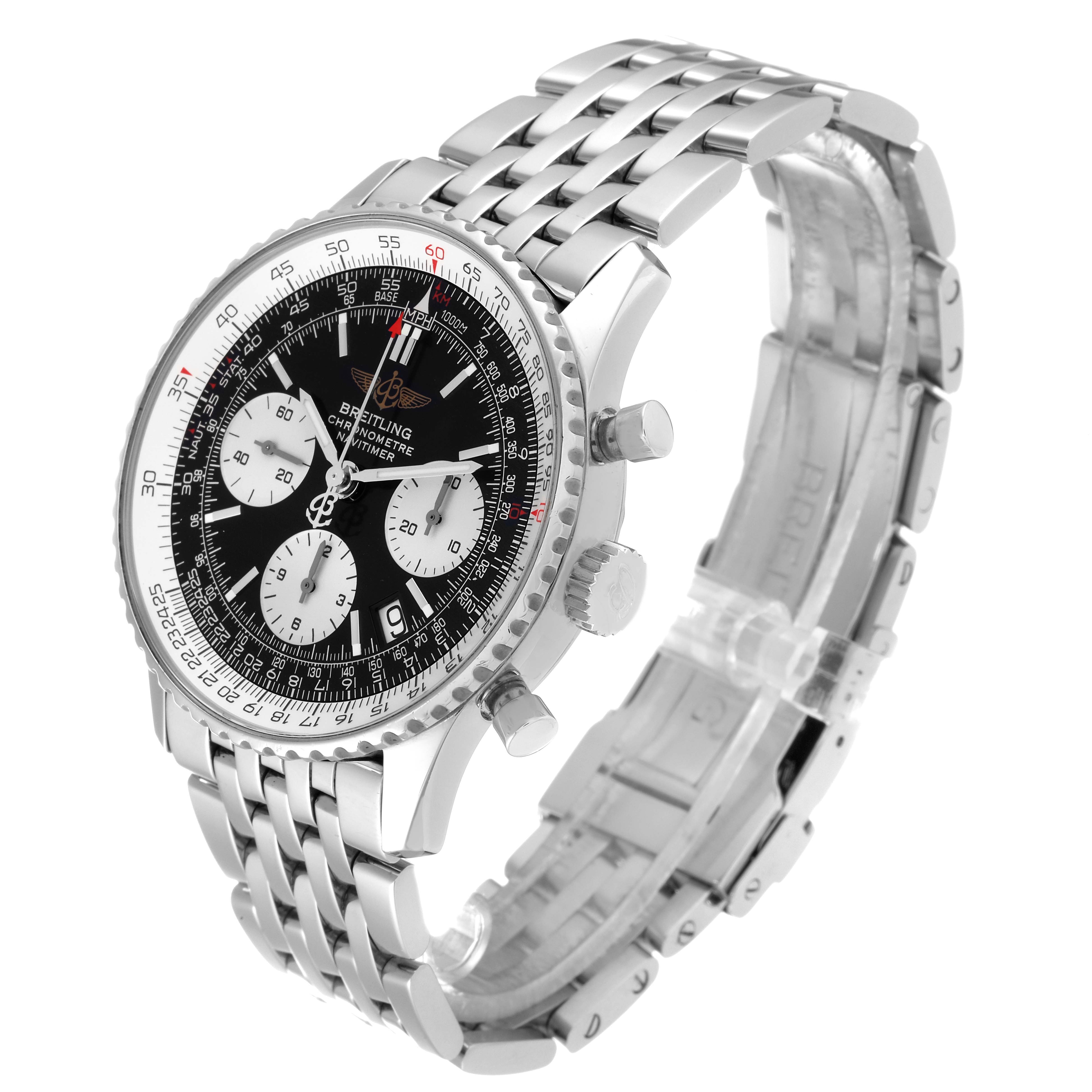 The image shows a Breitling Navitimer A23322 Men
s Stainless Steel Black Dial A23322 Men
s Stainless Steel Black Dial watch at a slight angle, displaying the dial, bezel, crown, pushers, and stainless steel bracelet.