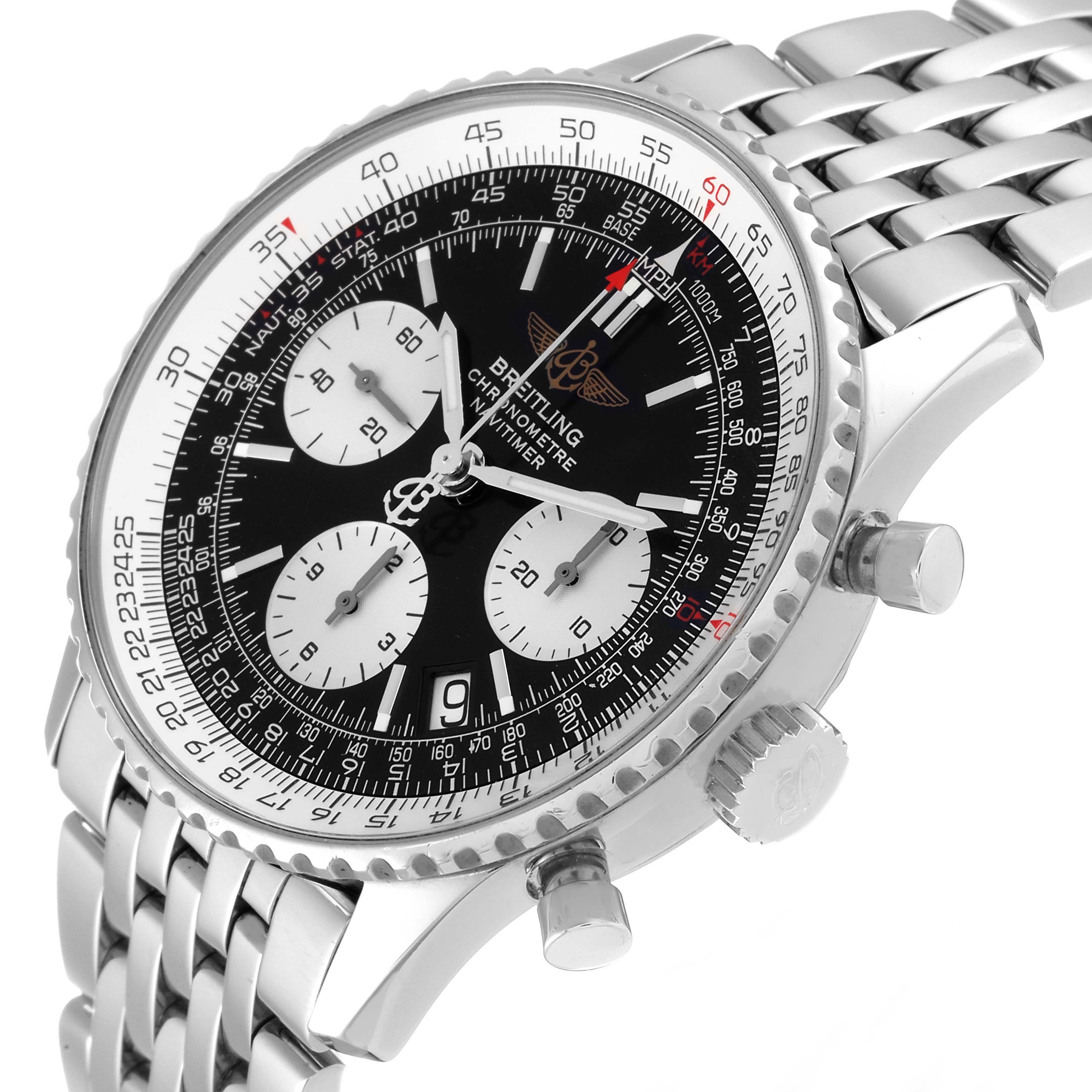 This image shows a Breitling Navitimer A23322 Men
s Stainless Steel Black Dial A23322 Men
s Stainless Steel Black Dial watch from a slight side angle, highlighting the dial, bezel, crown, and pushers.