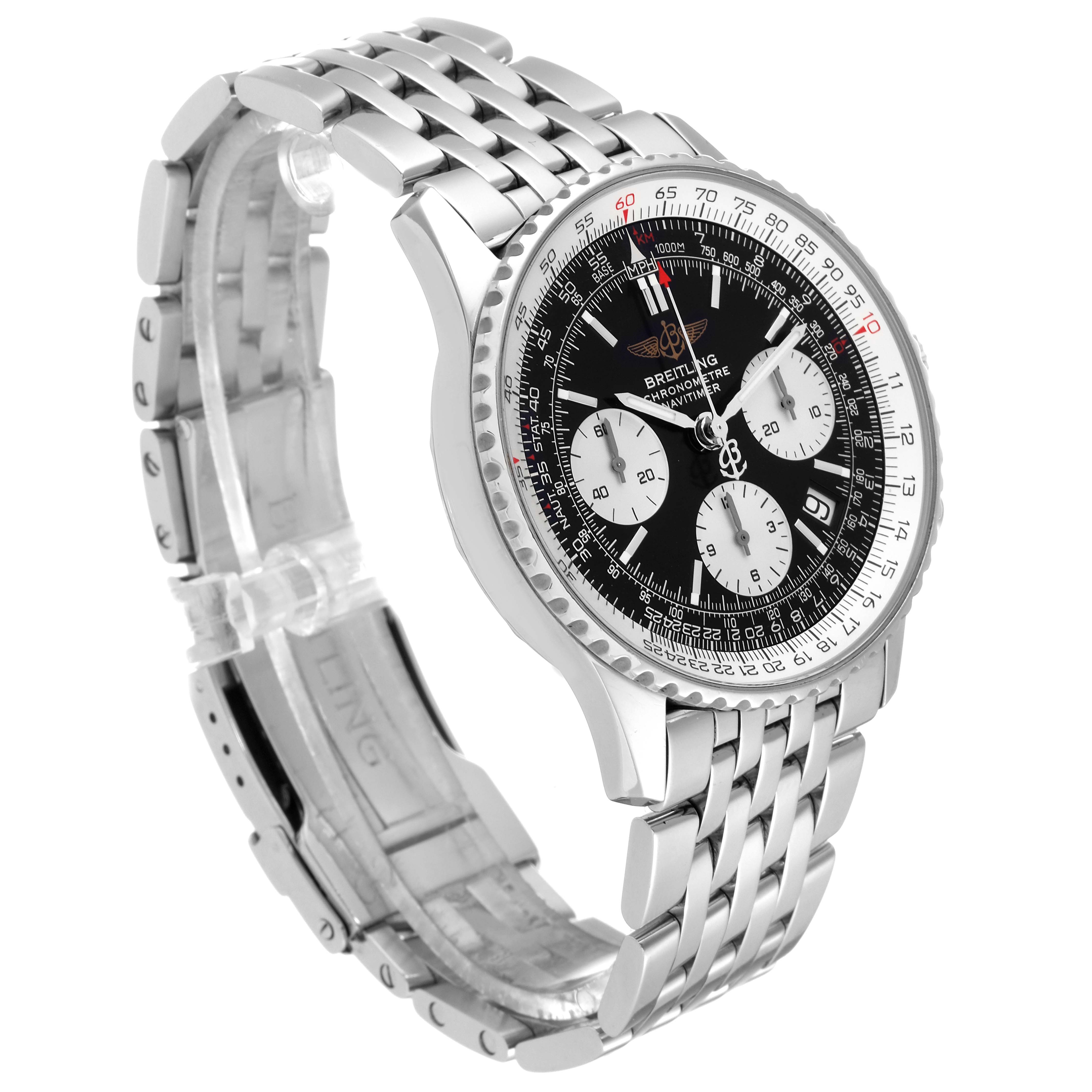The image shows a Breitling Navitimer A23322 Men
s Stainless Steel Black Dial A23322 Men
s Stainless Steel Black Dial model at a three-quarter angle, highlighting its bezel, dial, and stainless steel bracelet.
