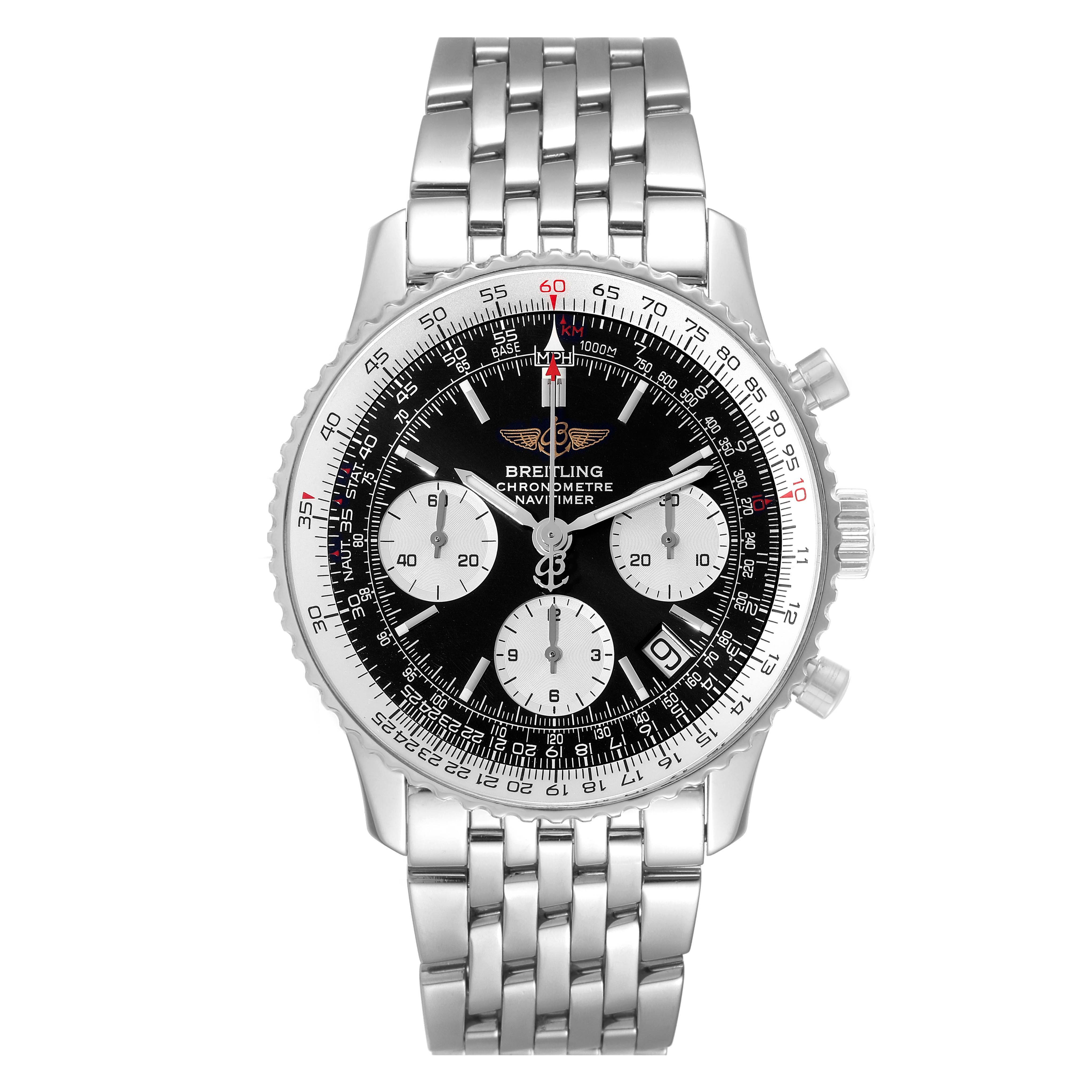The image shows a Breitling Navitimer A23322 Men
s Stainless Steel Black Dial A23322 Men
s Stainless Steel Black Dial watch from a front angle, displaying its face, bezel, and metal bracelet.
