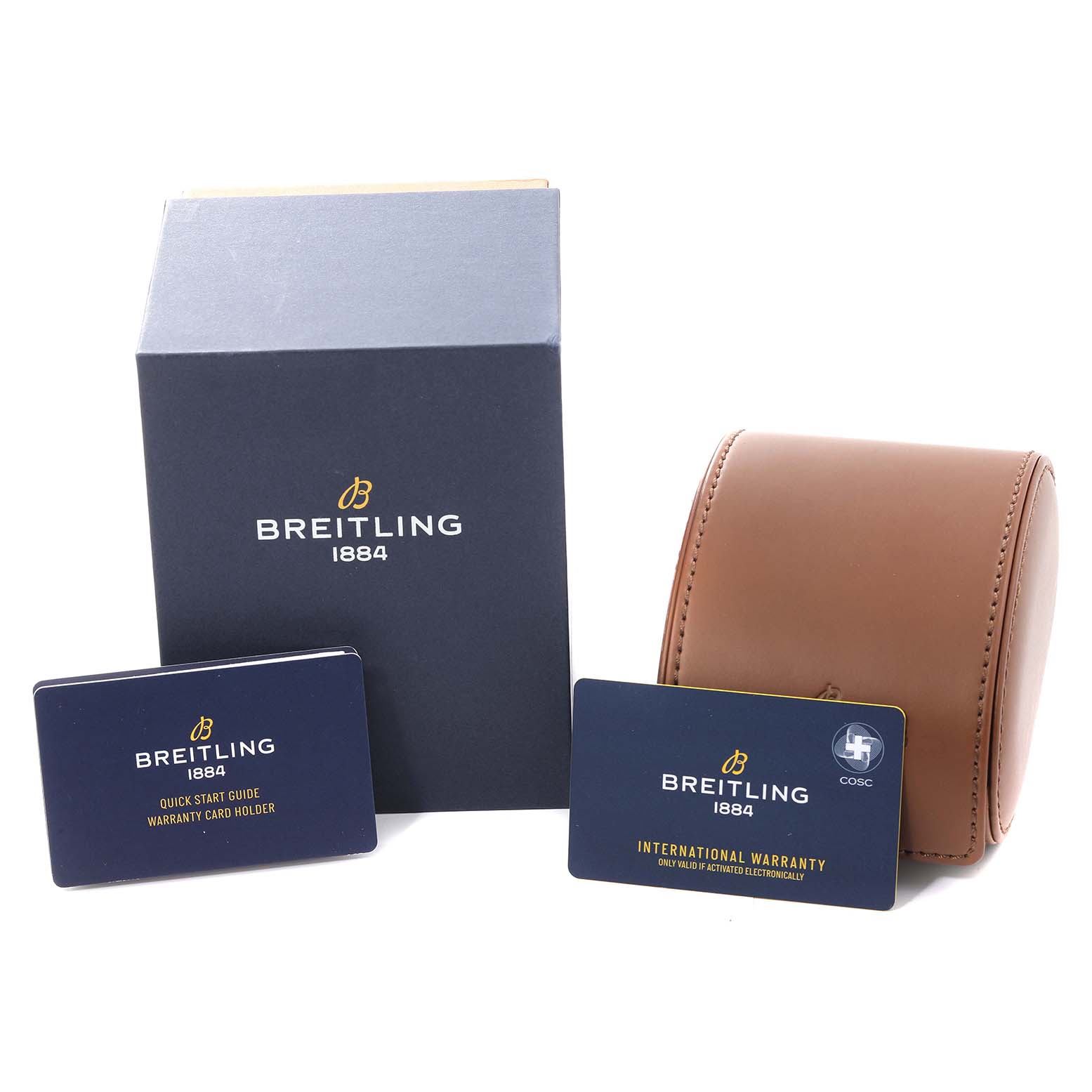 The image shows the packaging, warranty card, quick start guide, and a leather case for a Breitling Superocean A13313 Men's Stainless Steel Blue Dial A13313 Men's Stainless Steel Blue Dial watch.