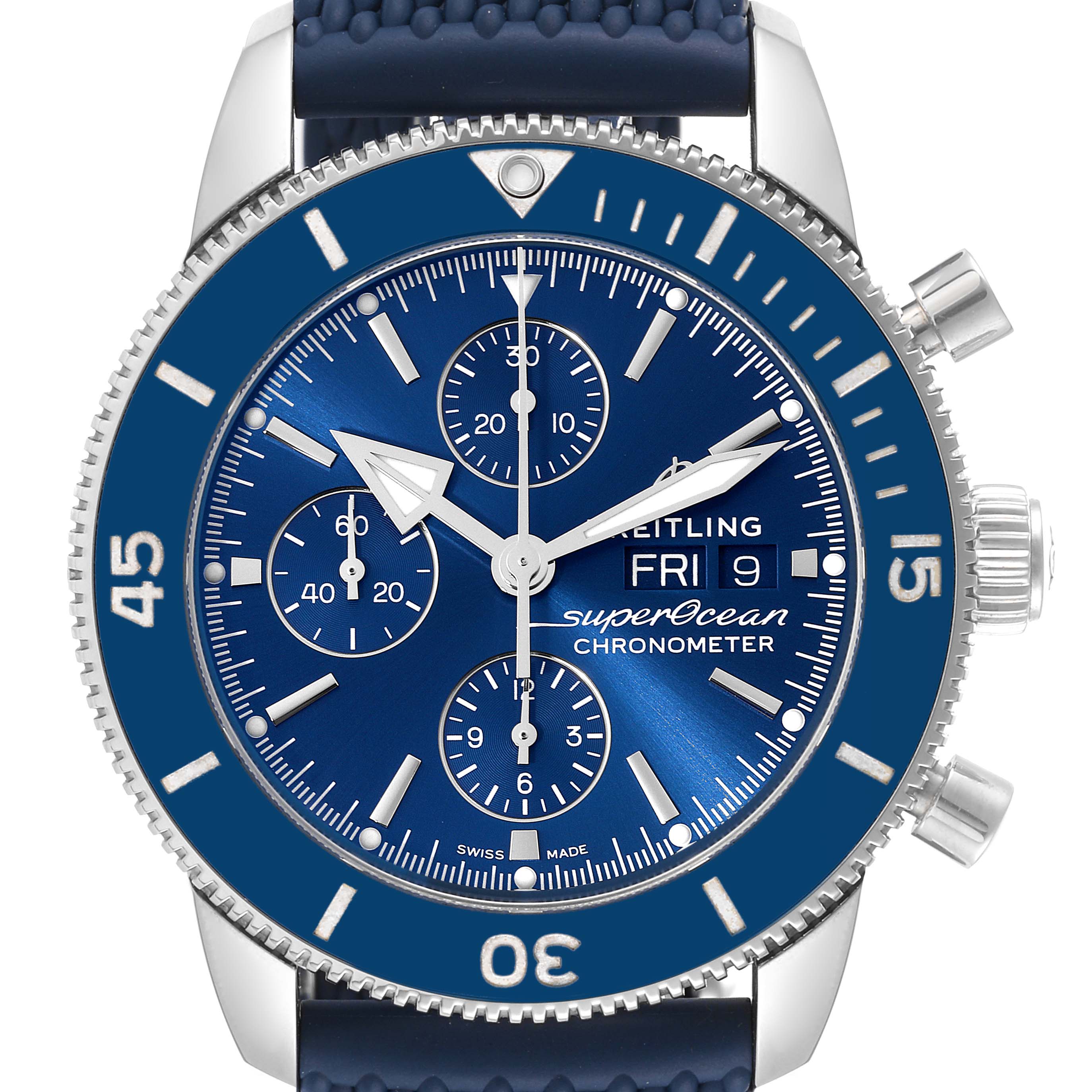 The image shows a front view of a Breitling Superocean A13313 Men's Stainless Steel Blue Dial A13313 Men's Stainless Steel Blue Dial watch, featuring its dial, bezel, and pushers on the right side.