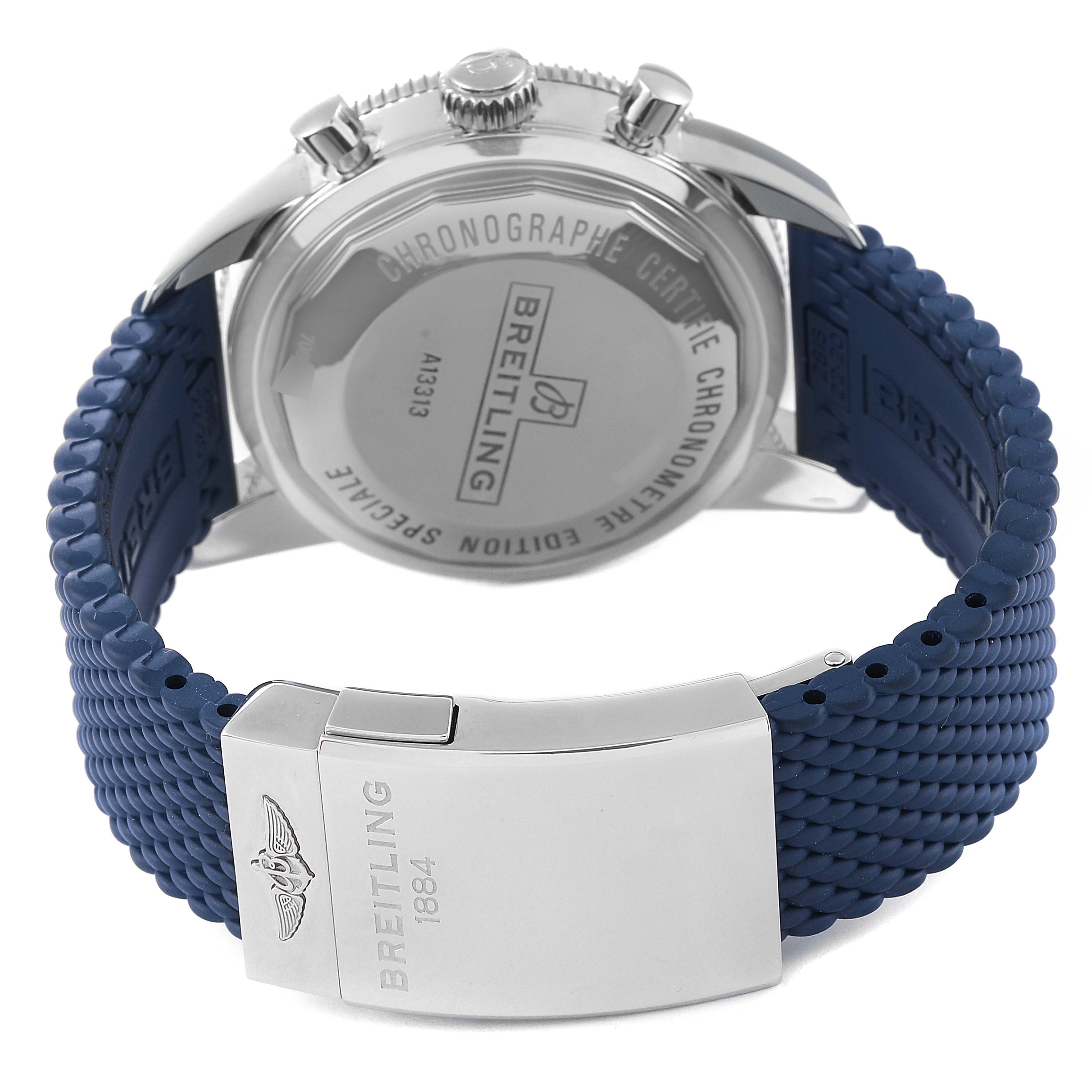 The image shows the back case and clasp of a Breitling Superocean A13313 Men's Stainless Steel Blue Dial A13313 Men's Stainless Steel Blue Dial watch, displaying its Chronographe Certifie engraving and blue strap.