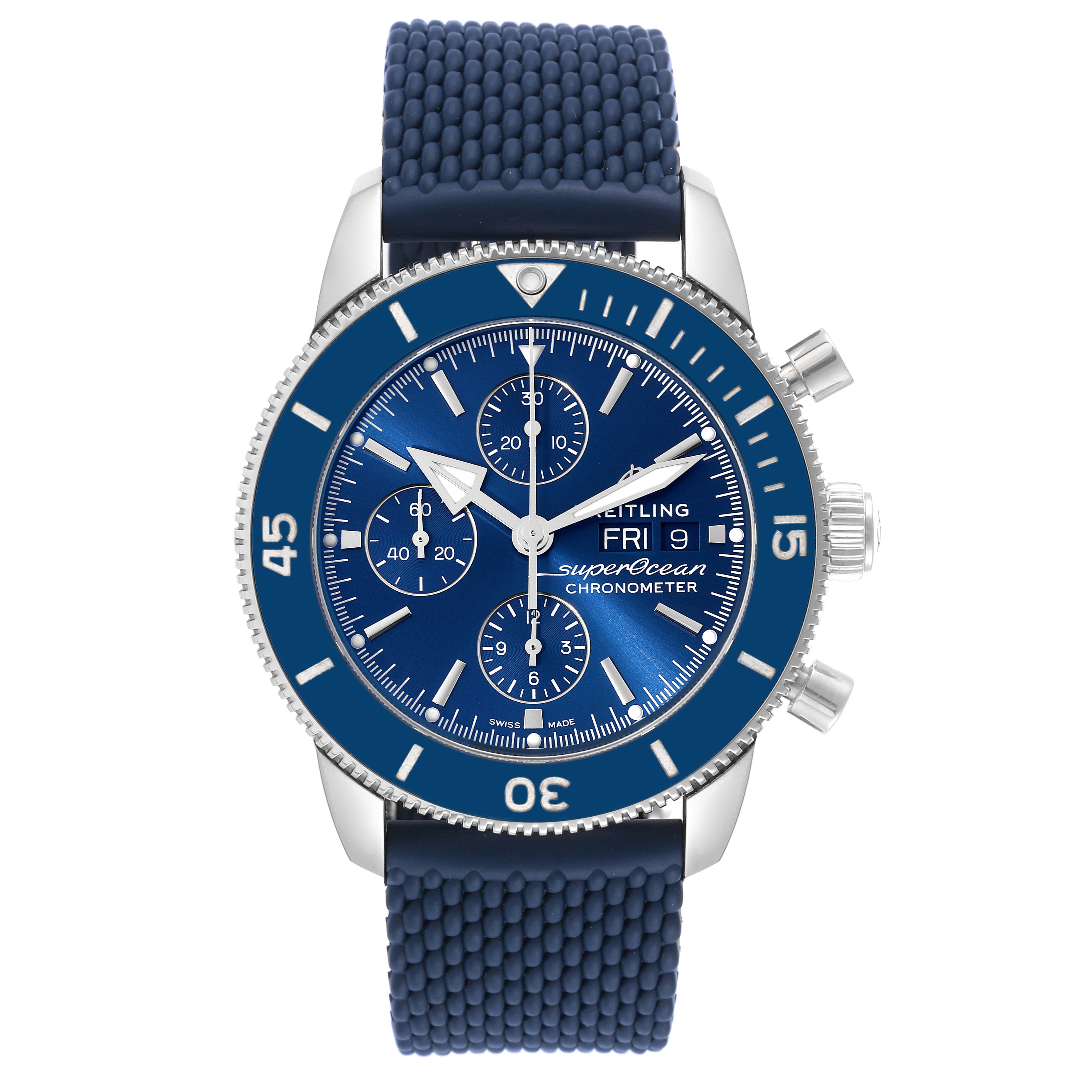 The image shows a front view of the Breitling Superocean A13313 Men's Stainless Steel Blue Dial A13313 Men's Stainless Steel Blue Dial watch, highlighting its blue dial, chronograph features, and rubber strap.