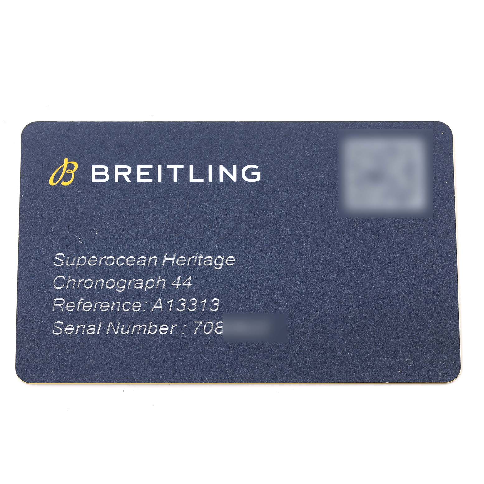 The image shows a Breitling Superocean A13313 Men's Stainless Steel Blue Dial A13313 Men's Stainless Steel Blue Dial Heritage Chronograph 44 warranty card displaying the model, reference, and serial number.